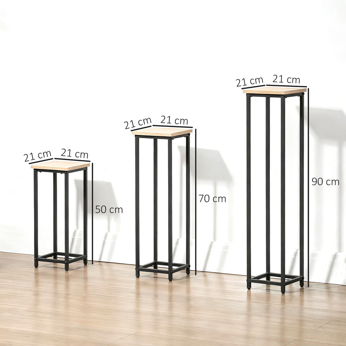 Lot de 3 supports pot de fleurs porte-plantes carrées empilables - 21 x 21 x 50/70/90 cm - acier-2