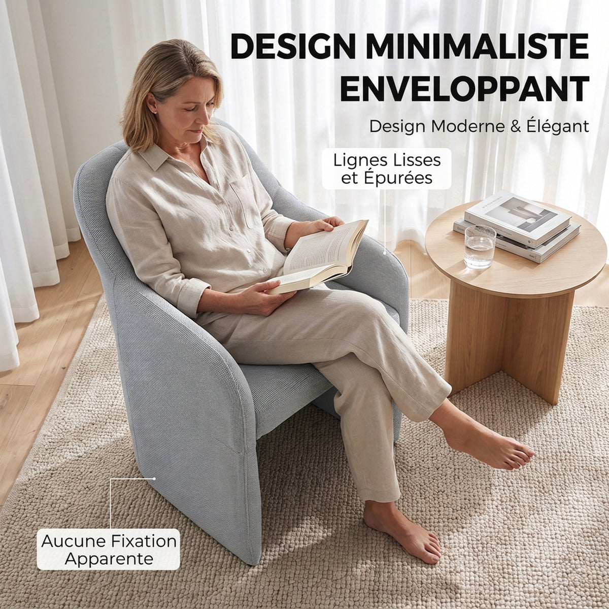 Fauteuil de Salon en Tissu effet Lin, Accoudoirs Intégrés, Assise Épaisse, Base Ouverte, 60x62x79cm, Gris-3