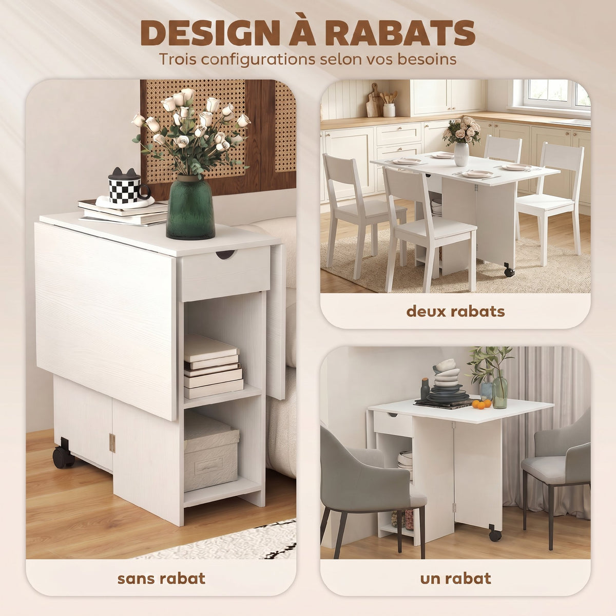 Table à Manger Pliante, Table de Cuisine Extensible pour 2 à 4 Personnes, 2 Abattants, 120 x 72 x 75 cm, Blanc-4