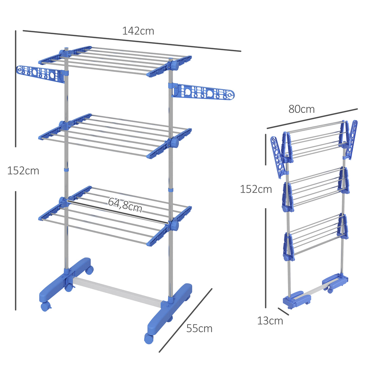 Séchoir à linge étendoir pliable ailes latérales utilisation intérieure et extérieure 3 niveaux 142 x 55 x 152 cm bleu-2