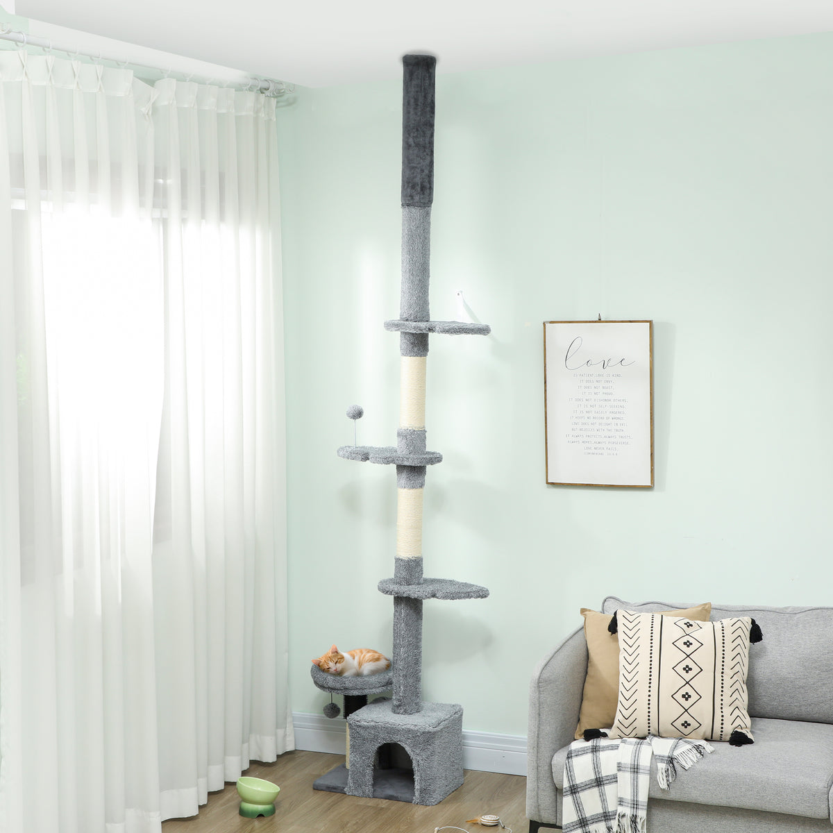 Arbre à chat du sol au plafond, tour à chat réglable en hauteur 225-255 cm à plusieurs niveaux, revêtement peluche, gris-1