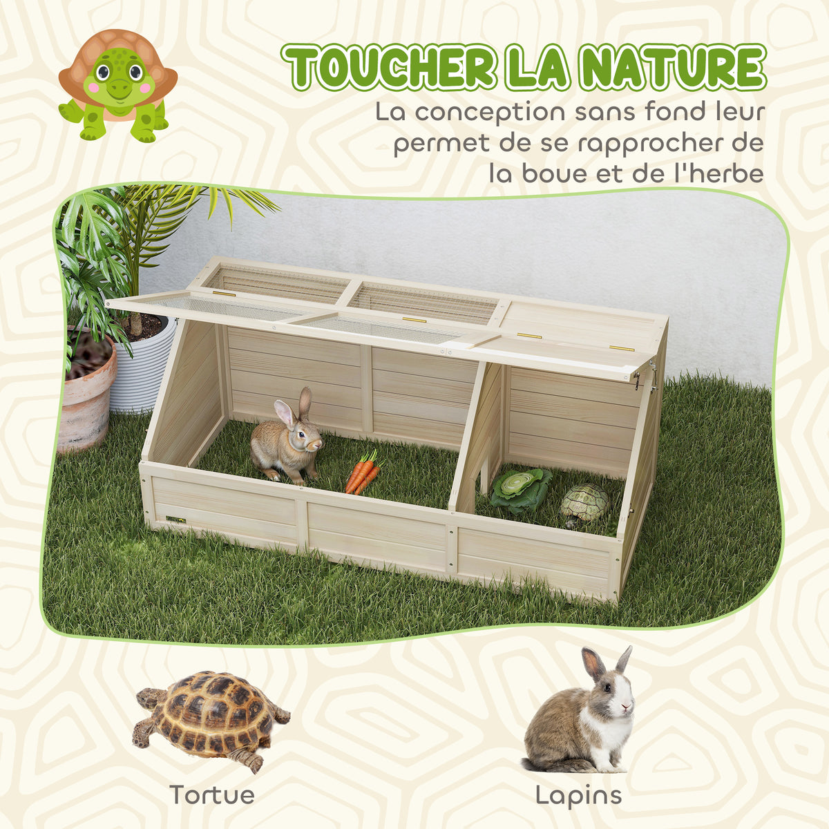 Maison enclos cage pour petit animal tortue en bois avec couvercle ouvrable, loquets, 2 espaces distincts, bois naturel-4