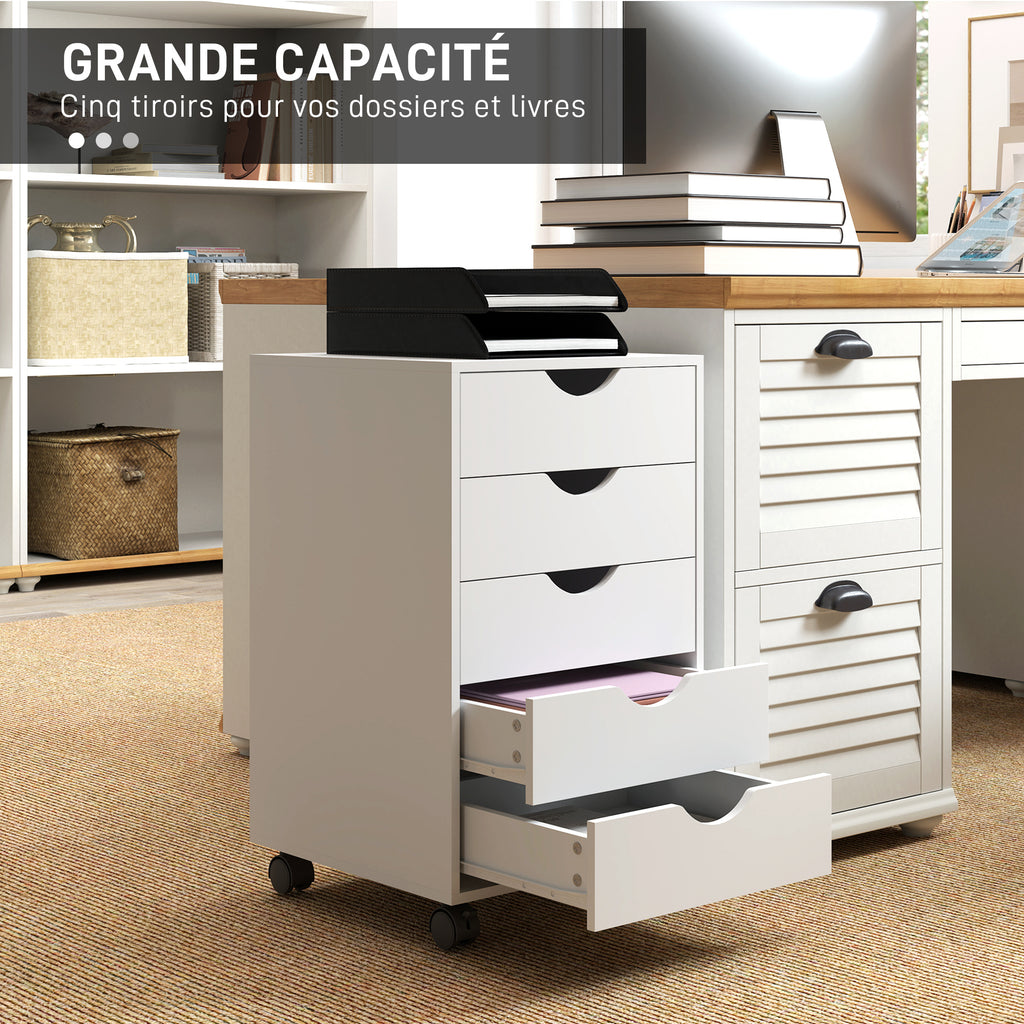 Caisson bureau mobile, meuble rangement sur roulettes avec 5 tiroirs, bois, 40 x 40 x 67 cm, blanc-3
