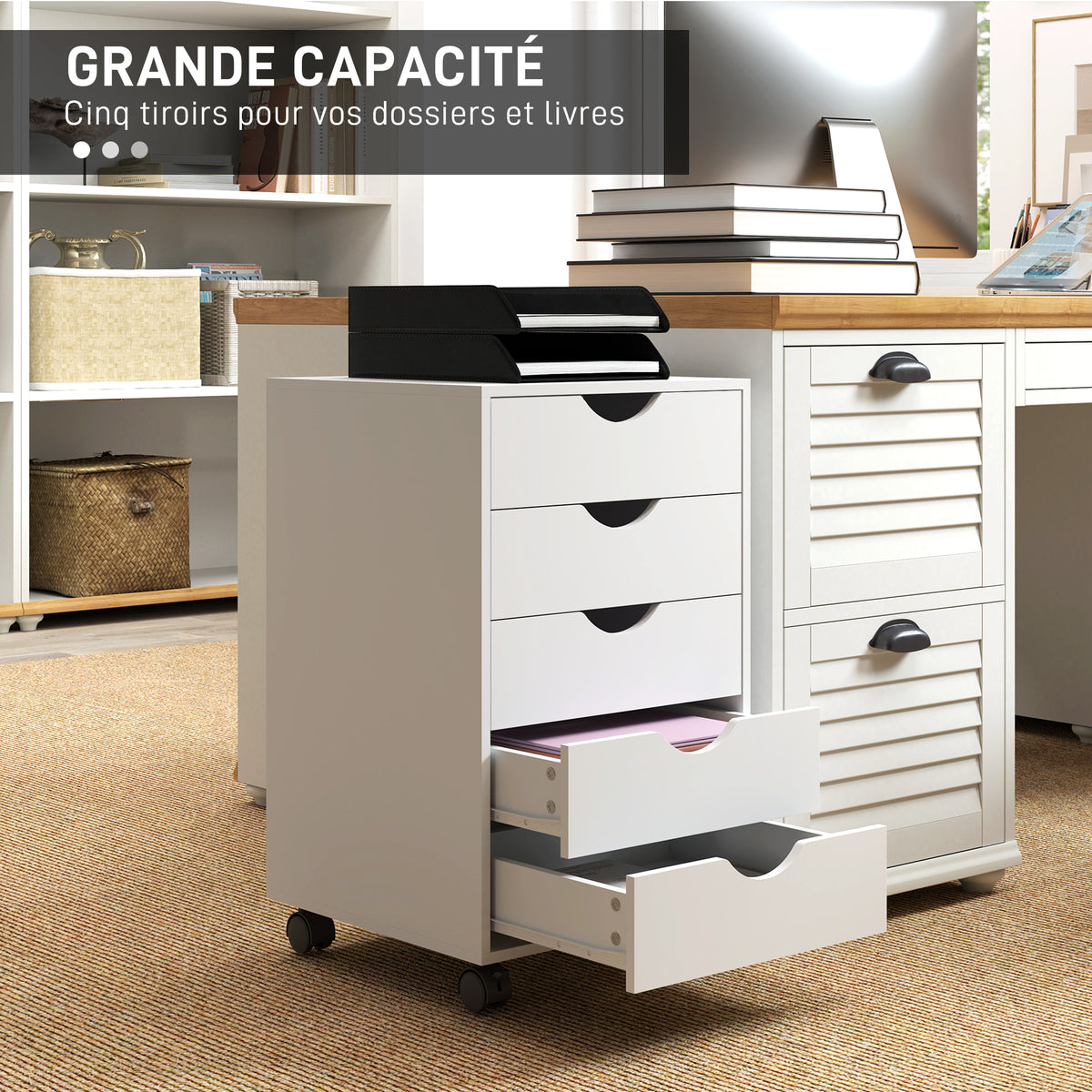 Caisson bureau mobile, meuble rangement sur roulettes avec 5 tiroirs, bois, 40 x 40 x 67 cm, blanc-3