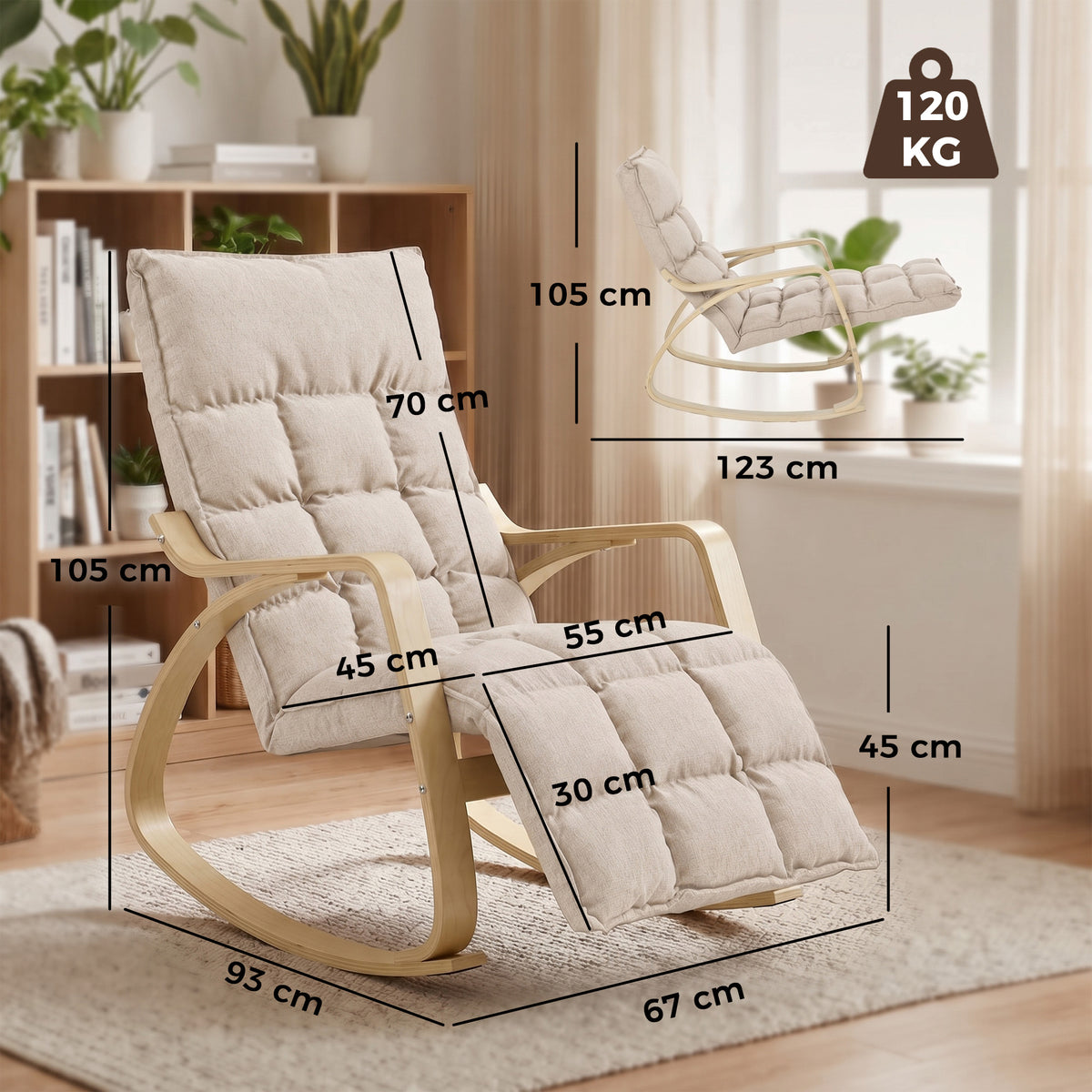 Fauteuil à Bascule avec Repose-Pieds Ajustable, Rocking Chair avec Pieds en Bois de Bouleau, 67x93x105cm, Marron Clair-2