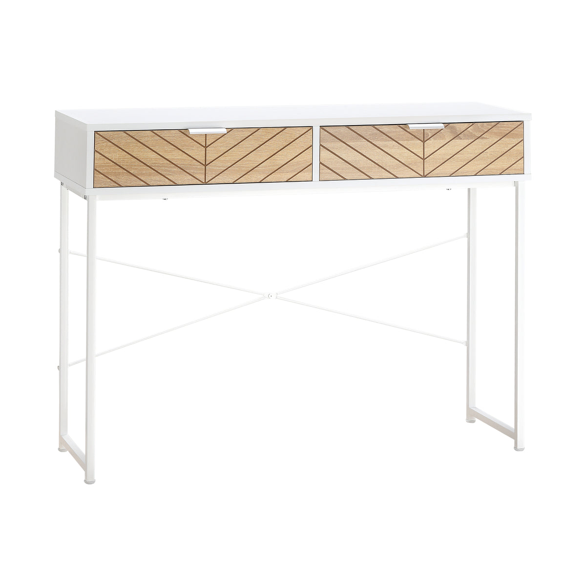 Table Console Industriel 2 tiroirs Aspect Bois de chêne sculpté Motif à Chevrons piètement métal Blanc-0