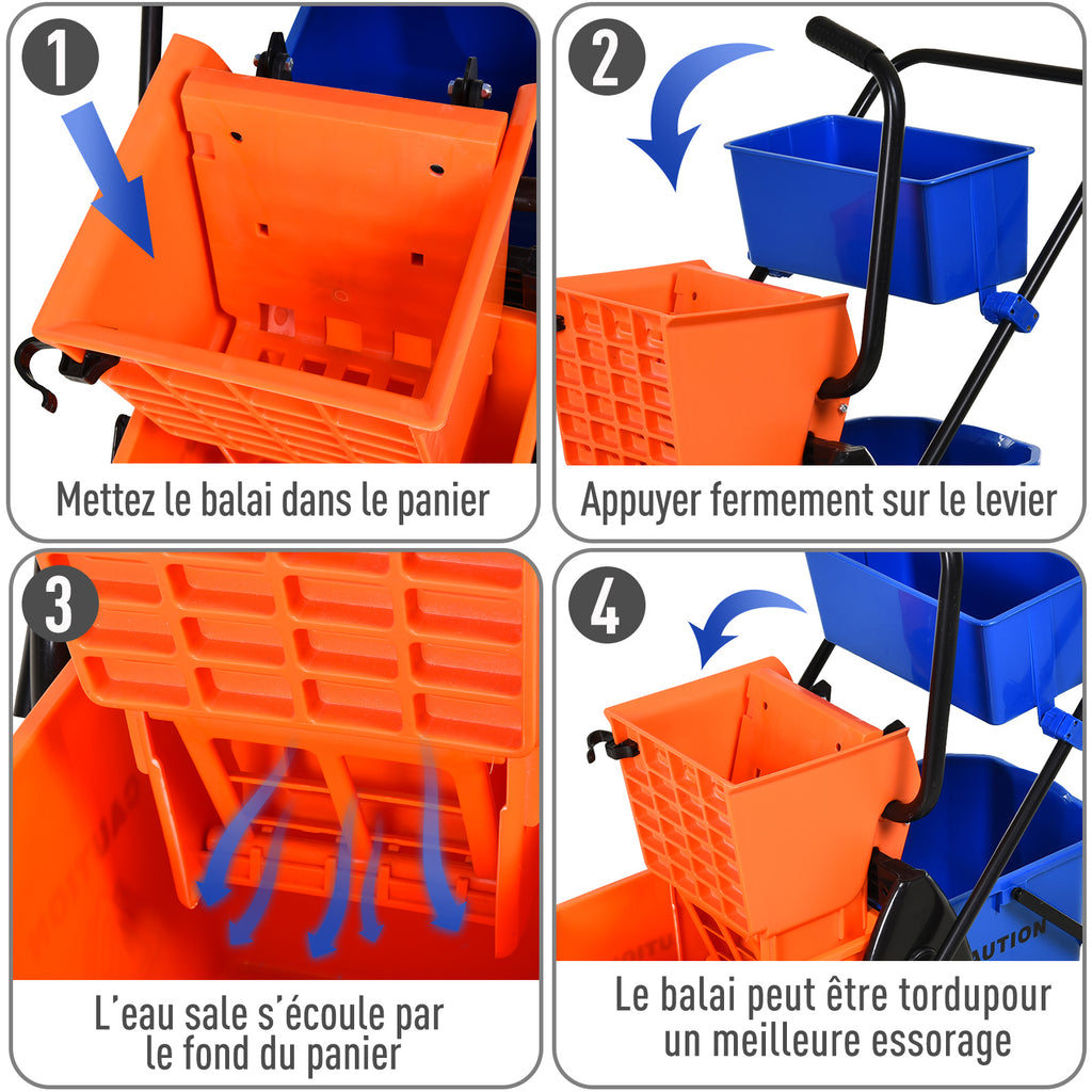 Chariot de ménage chariot de lavage professionnel essoreuse latérale seau 26 L + panier de rangements 78 x 45 x 95 cm métal et plastique orange-6