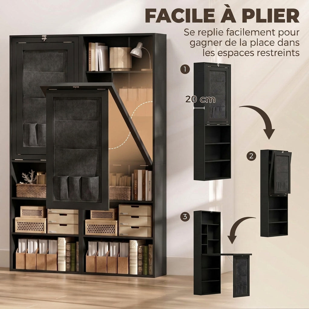 Bureau Informatique Pliable avec Pochette Suspendue, Compartiments Ouverts et Étagère Réglable, Noir-3