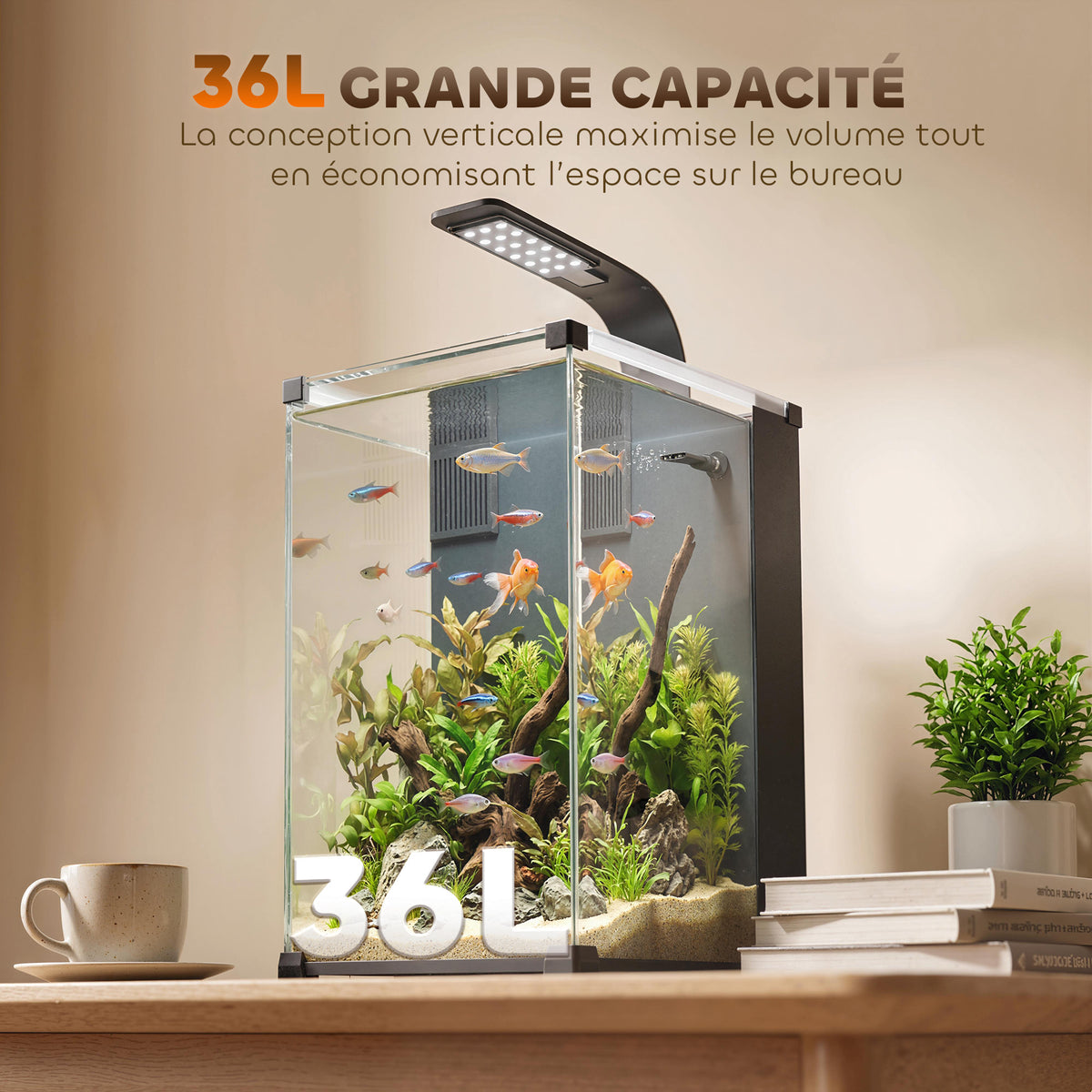 Aquarium en Verre Trempé Nano Aquarium avec Filtre Intégré Pompe 5W et Éclairage LED 30x30x45cm Noir-4
