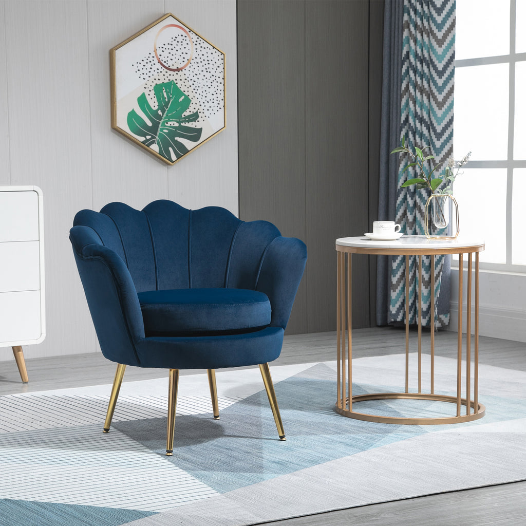 Fauteuil salon fauteuil en velours fauteuil coquillage avec pieds en métal doré pour chambre à coucher, bleu-9
