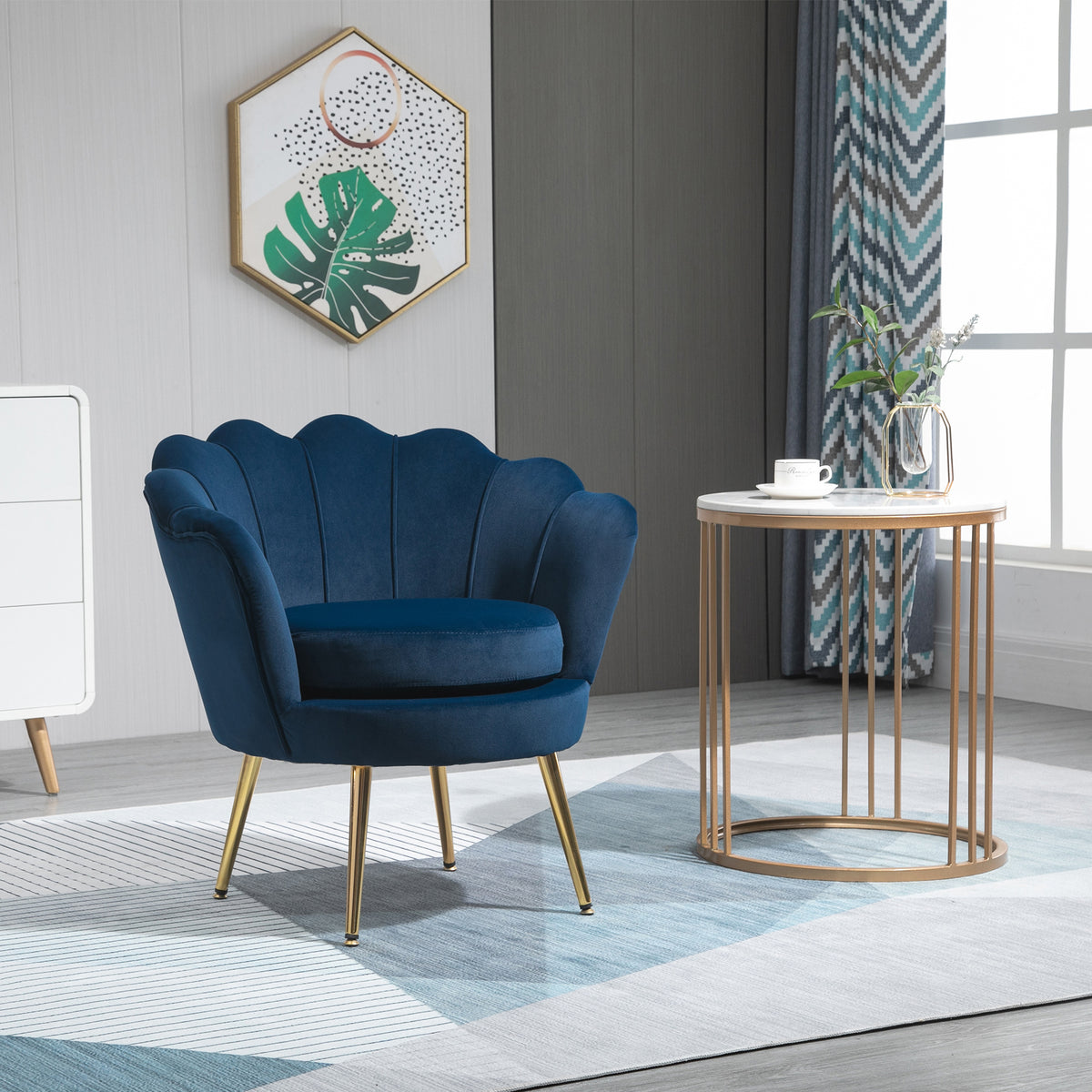 Fauteuil salon fauteuil en velours fauteuil coquillage avec pieds en métal doré pour chambre à coucher, bleu-9