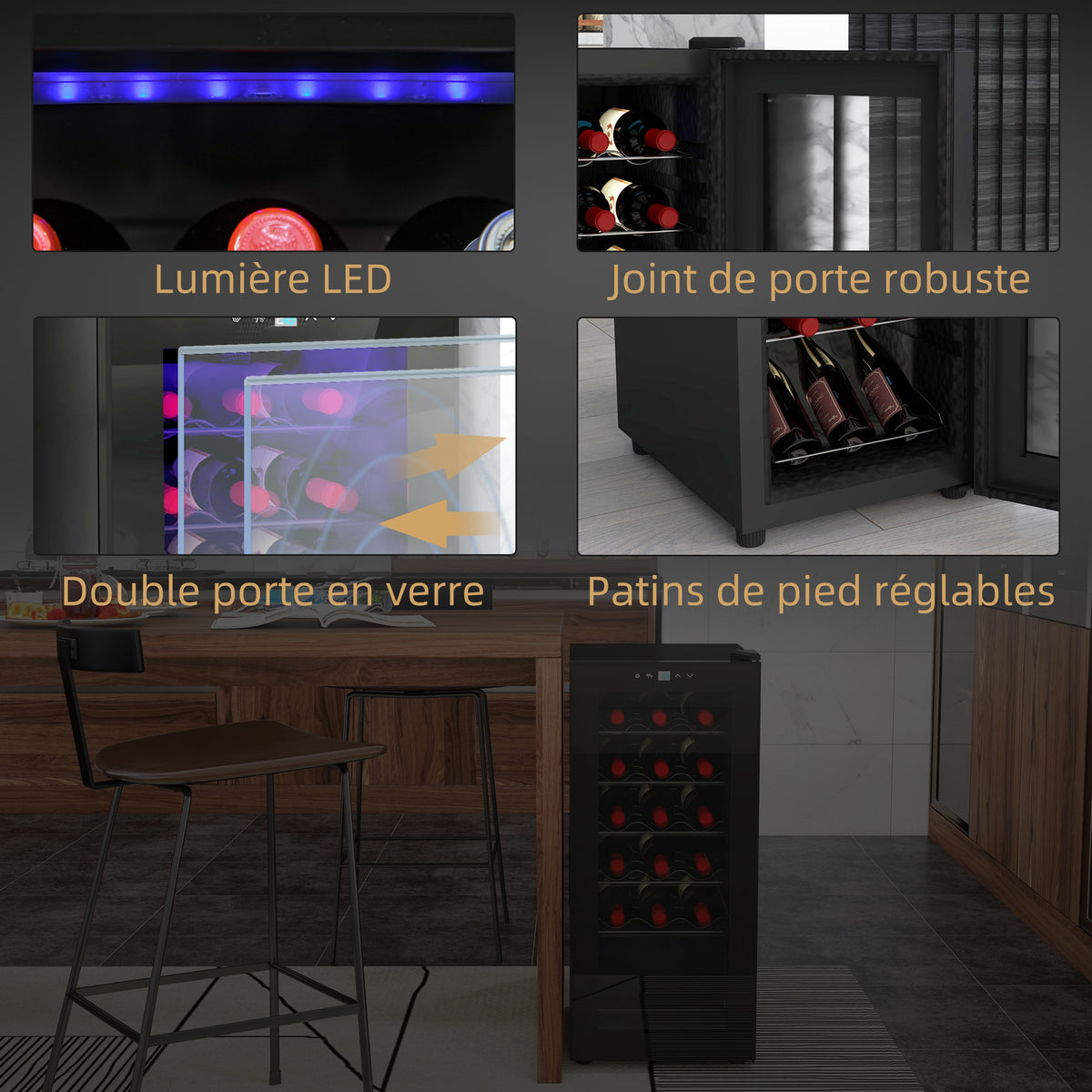 Cave à vin 18 bouteilles 50L haute performance température réglable 5-18° avec lumière LED, noir-8