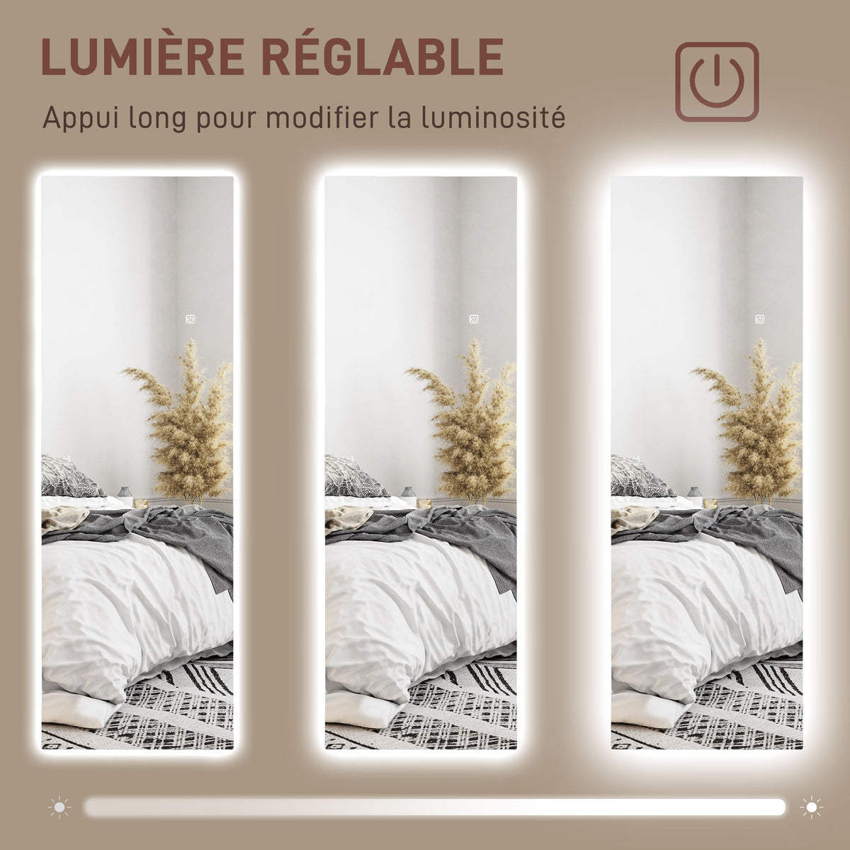Grand miroir mural LED miroir pleine longueur 3 couleurs de lumière réglables fonction mémoire 120 x 40 cm transparent-4