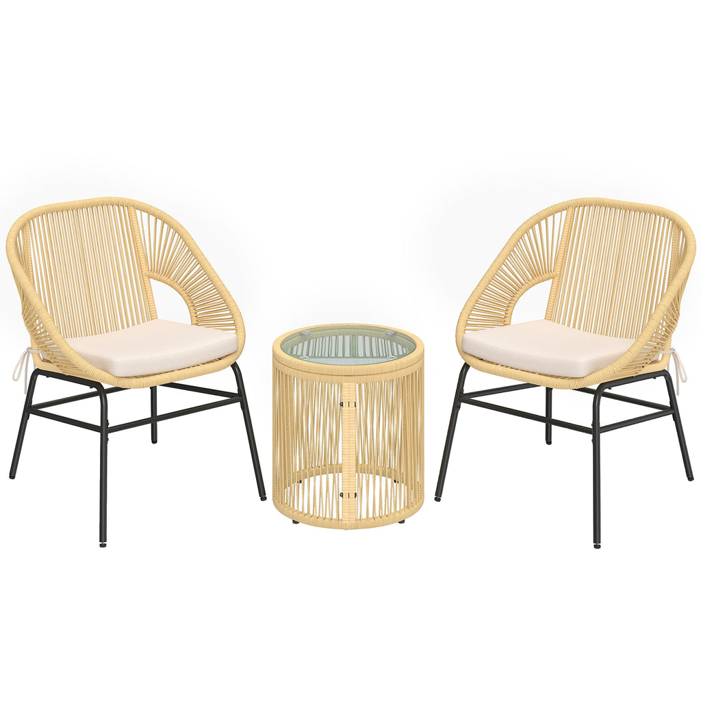Ensemble Bistro Salon de Balcon 3 Pièces 2 Fauteuils Confortables et Table en Verre Trempé Coussins Déhoussables Beige-0
