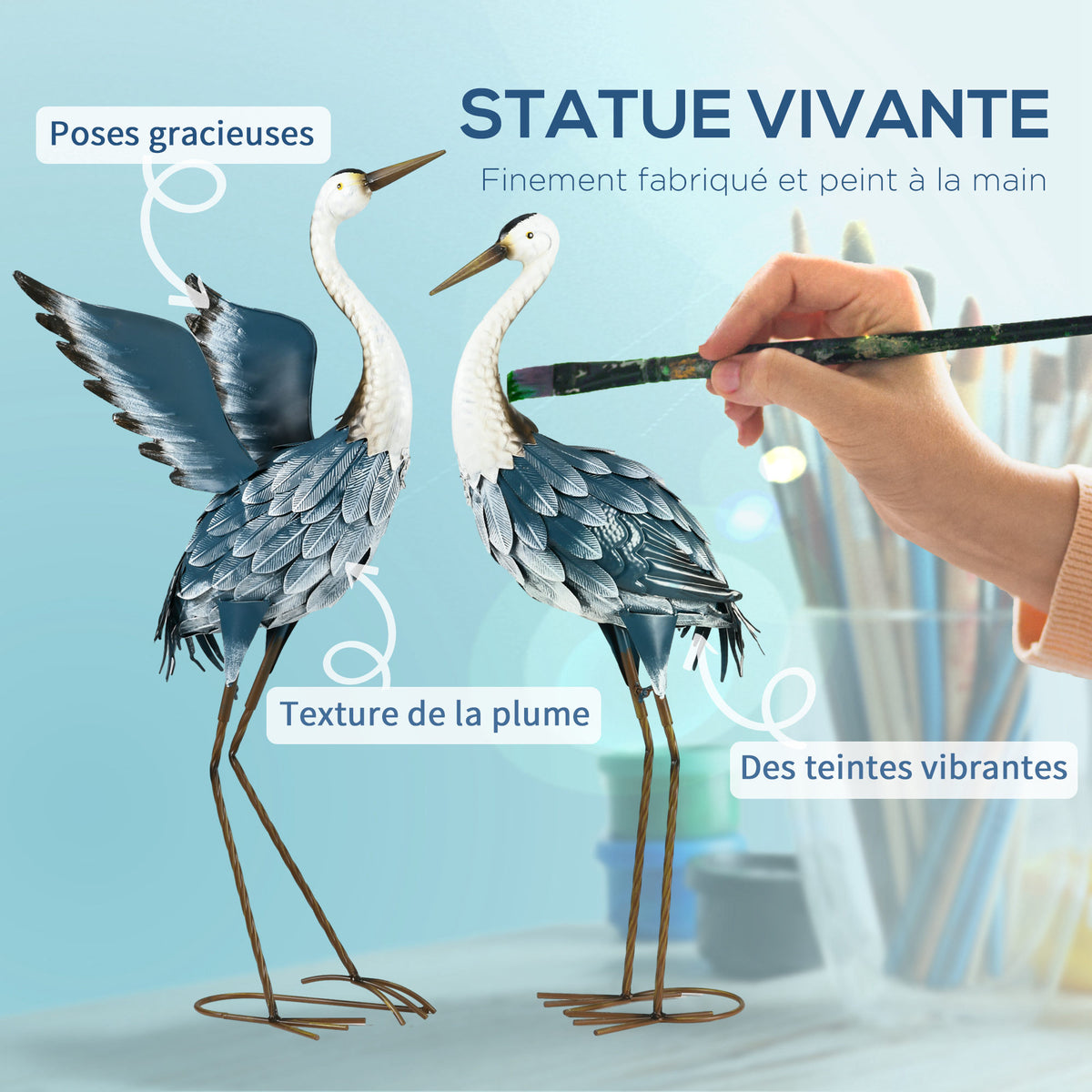 Lot de 2 statues jardin exterieur sculpture de héron en acier pour étang, patio, terrasse, pelouse, 74/70cm multicolore-3