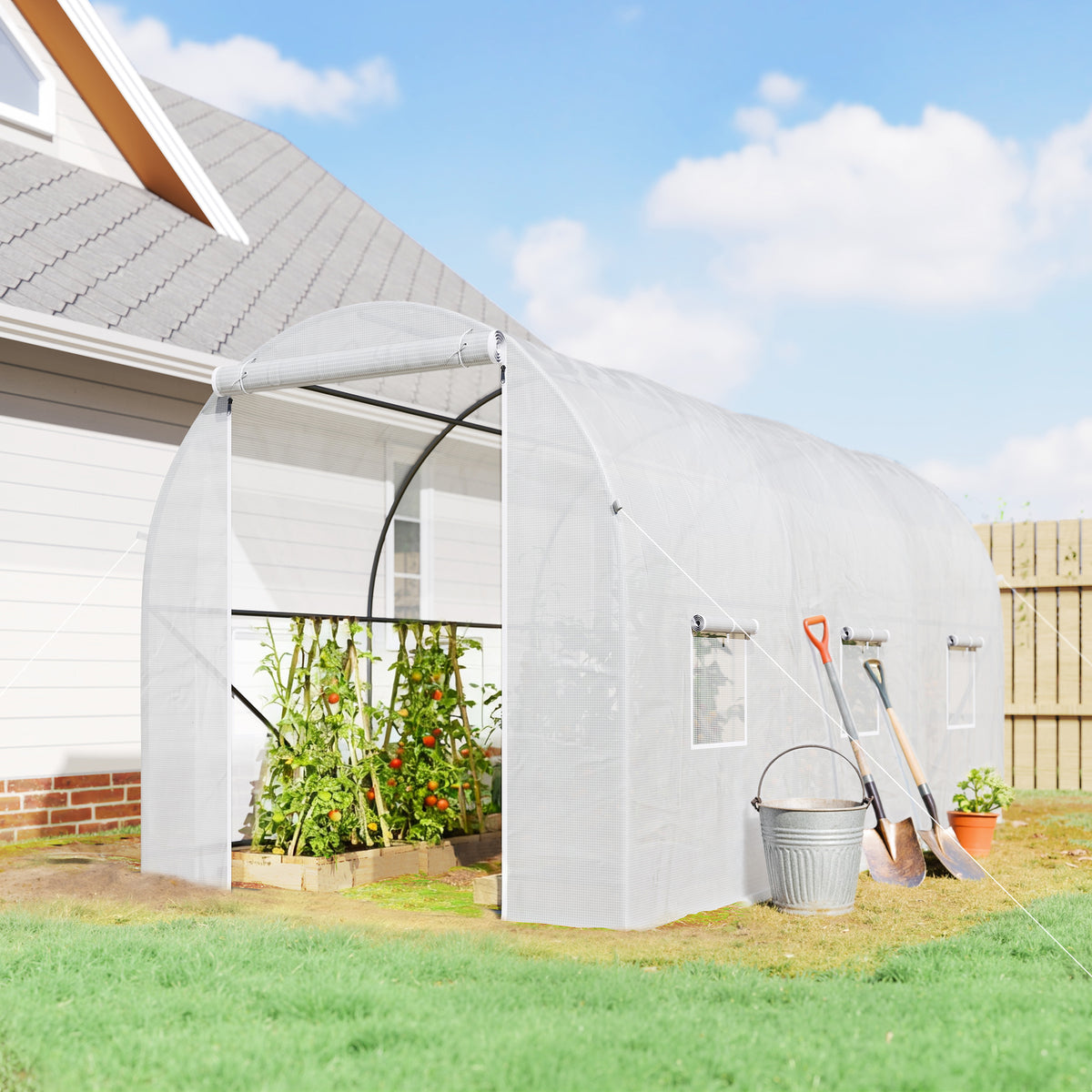Serre tunnel de jardin 7m², serre de jardin tunnel avec porte et 6 fenêtres, bâche PE 140 g/m² 350 x 200 x 200 cm blanc-1