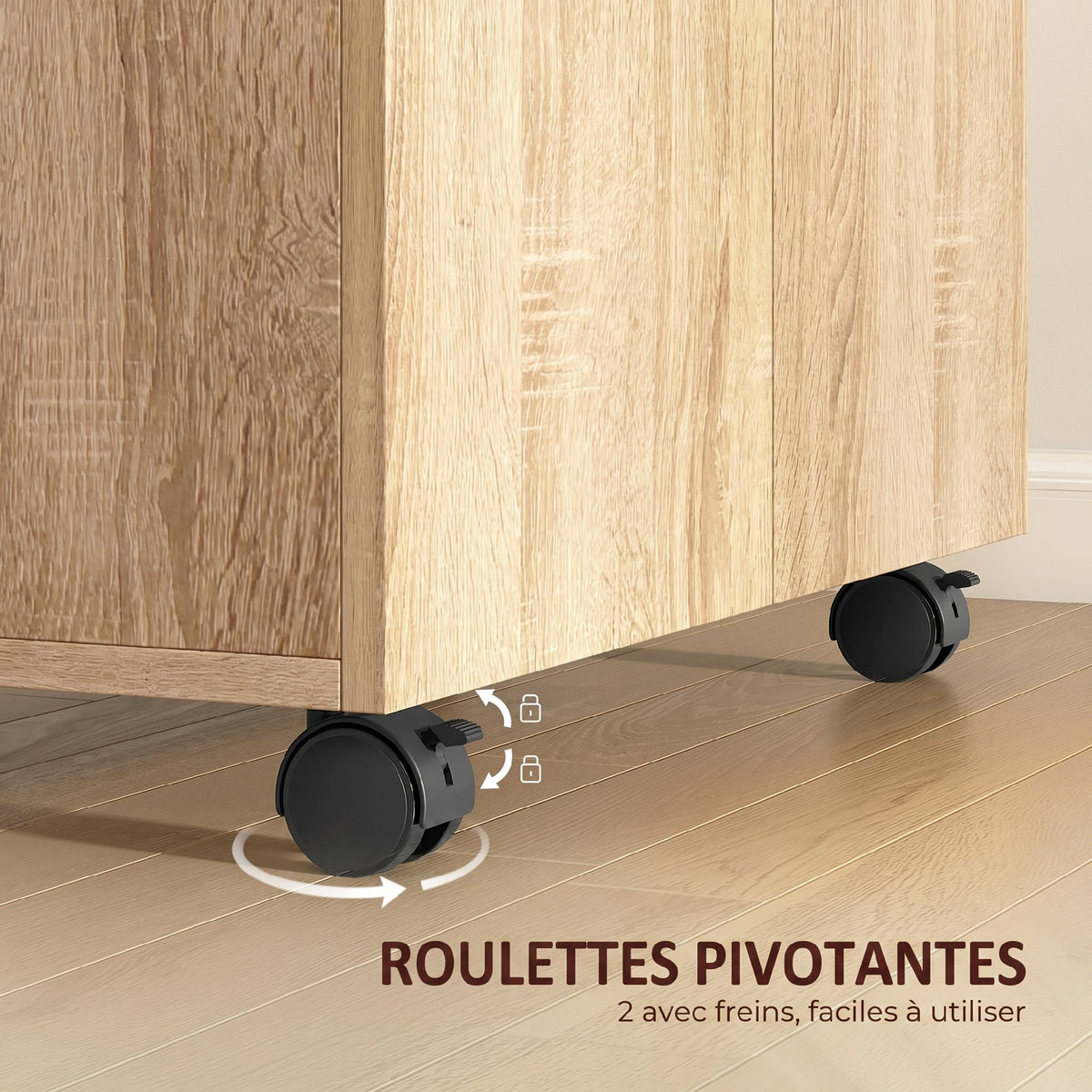 Meuble de Rangement Buffet bas sur roulettes avec 2 Portes étagère Interne 60 x 35 x 65 cm bois naturel-4