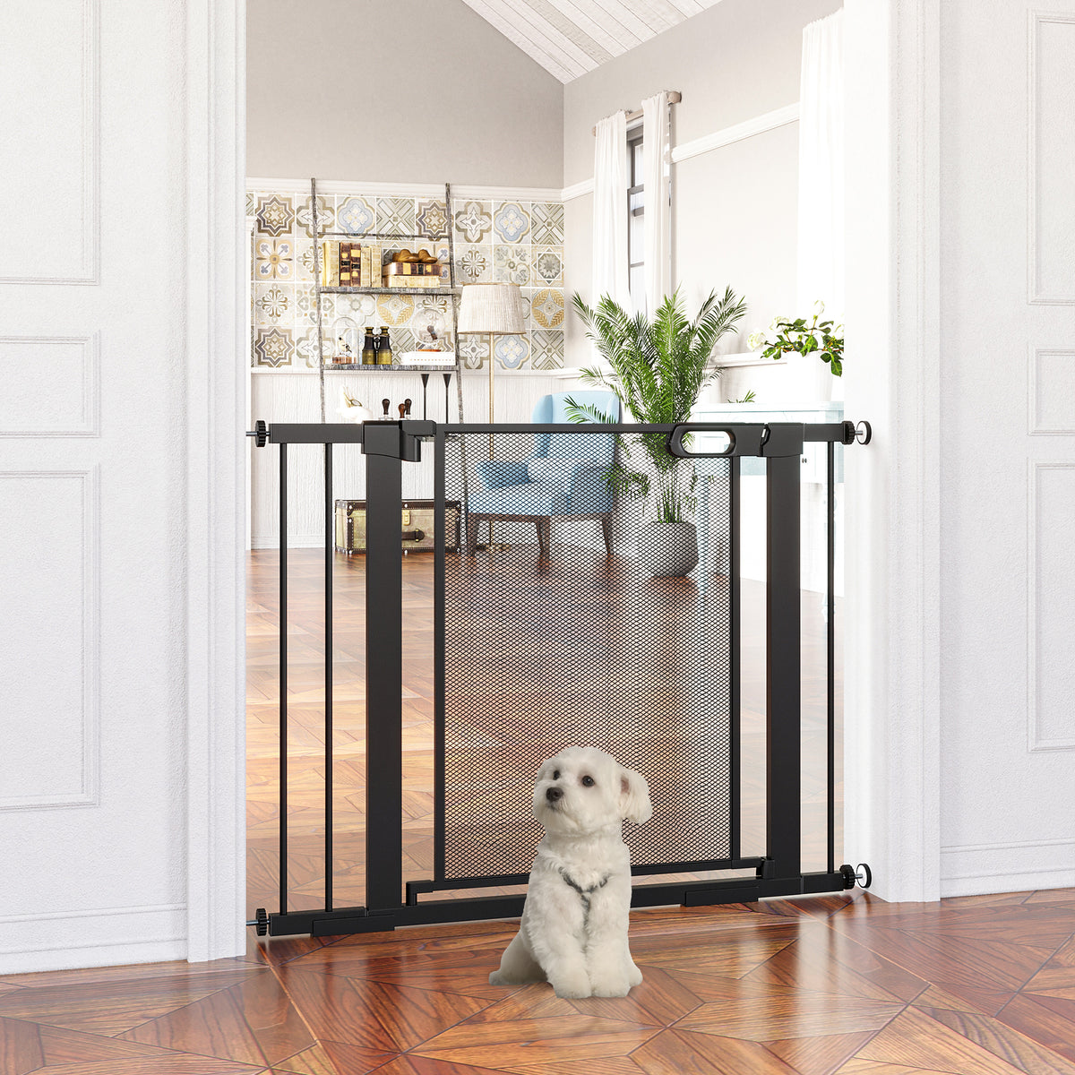 Barrière de sécurité pour animaux domestique avec fermeture automatique double verrouillage largeur 75-103 cm noir-1