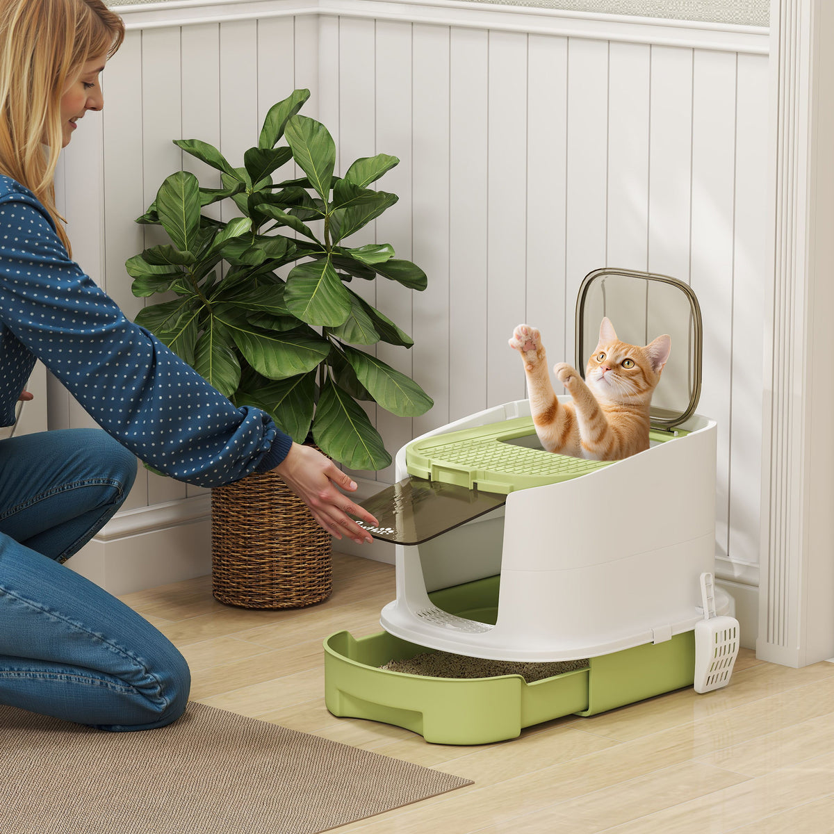 Maison de toilette pour chat bac à litière fermé chat avec porte translucide pelle incluse 40,5 x 52,5 x 42,5 cm vert-1