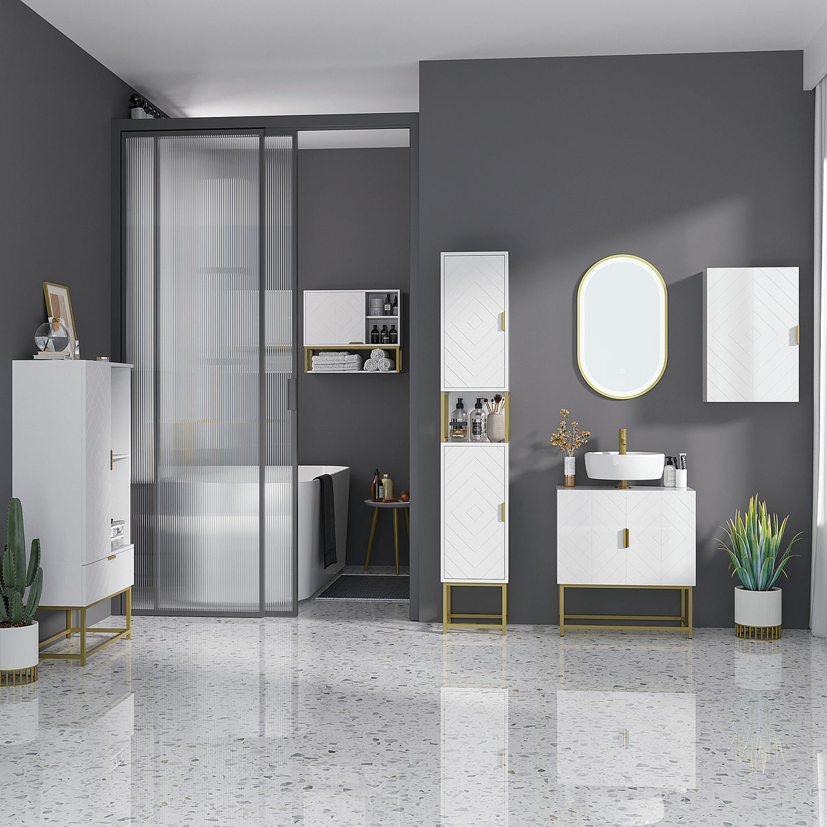 Meuble colonne rangement salle de bain avec niche et 2 placards étagère réglable pieds en acier-1