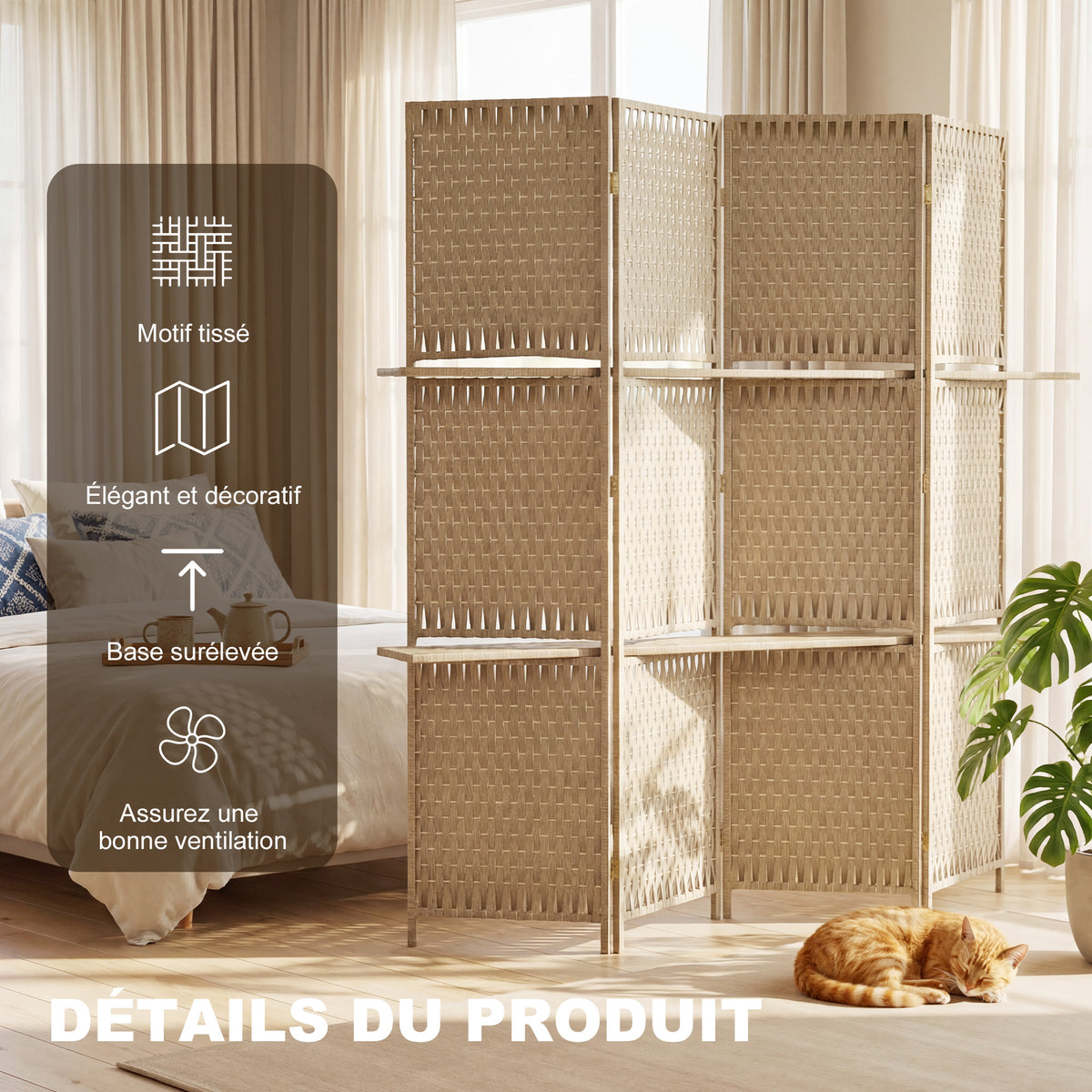 Séparateur de pièces 4 panneaux 2 étagères pliables naturel paille-5