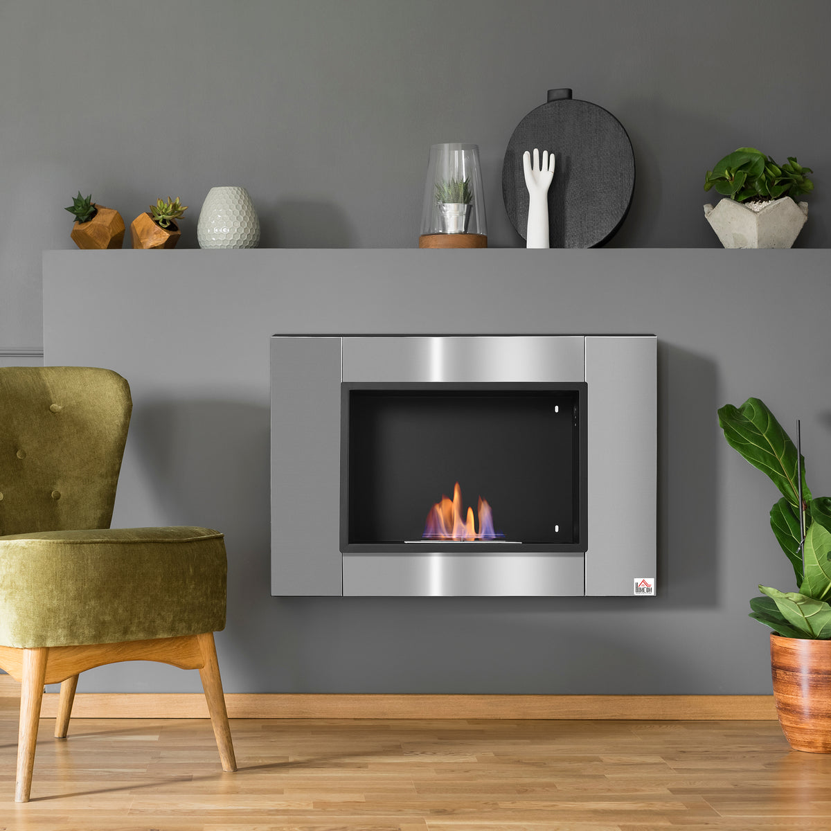 Cheminée bioéthanol Murale encastrable brûleur 0,9 L, environ 3 h de durée de combustion 80L x 14l x 54H cm Couverture 25-30 m² Acier inox-1