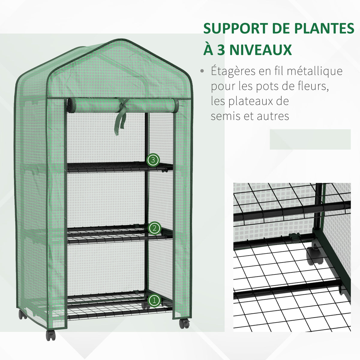 Mini serre de jardin avec 3 étagères, bâche PE haute densité, porte enroulable, 4 roulettes, dim. 69L x 49l x 130H cm-3