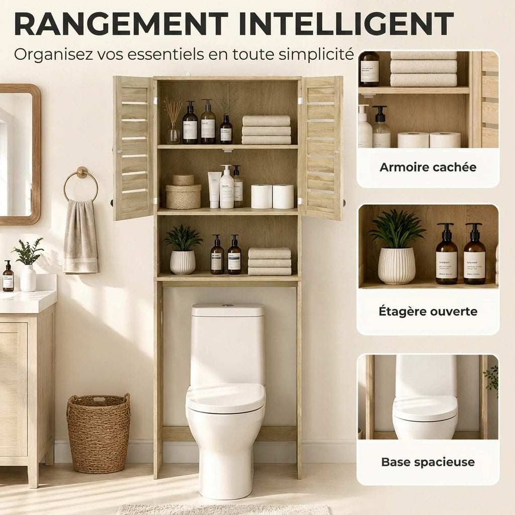 Meuble WC dessus de toilette/machine à laver avec placard à porte double, portes à persiennes, 67x31,5x190cm, chêne-4