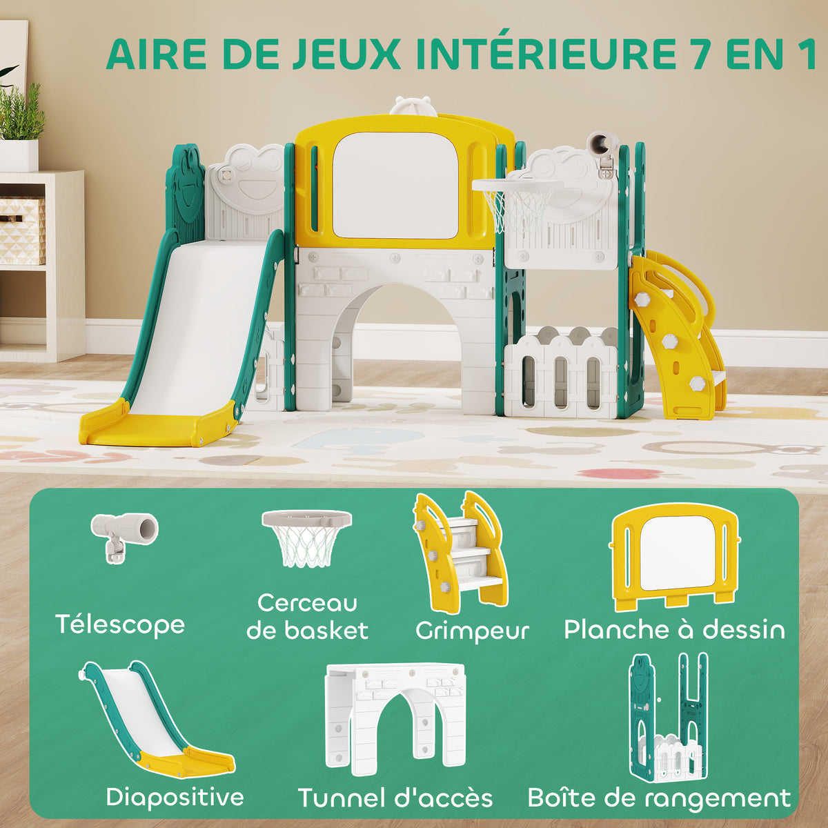 Toboggan pour enfant 7 en 1 avec panier de basket, télescope, rangement, tunnel, escalade, tableau de dessin, jaune-3