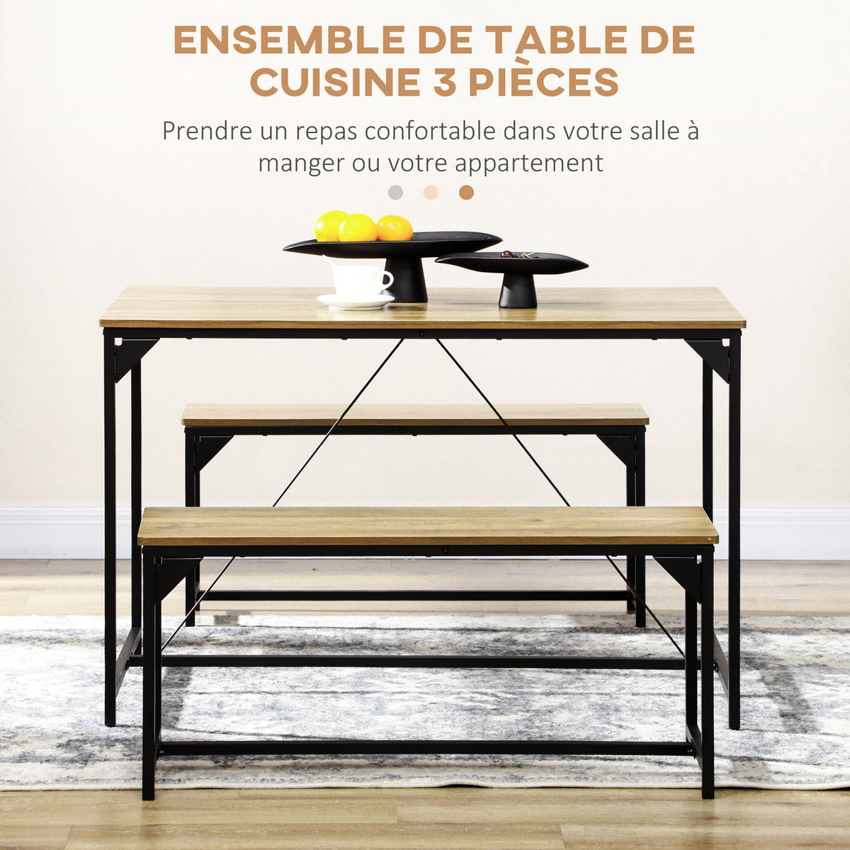 Ensemble table à manger et 2 bancs cadre en acier 4 personnes pour cuisine salle à manger salon naturel et noir-3