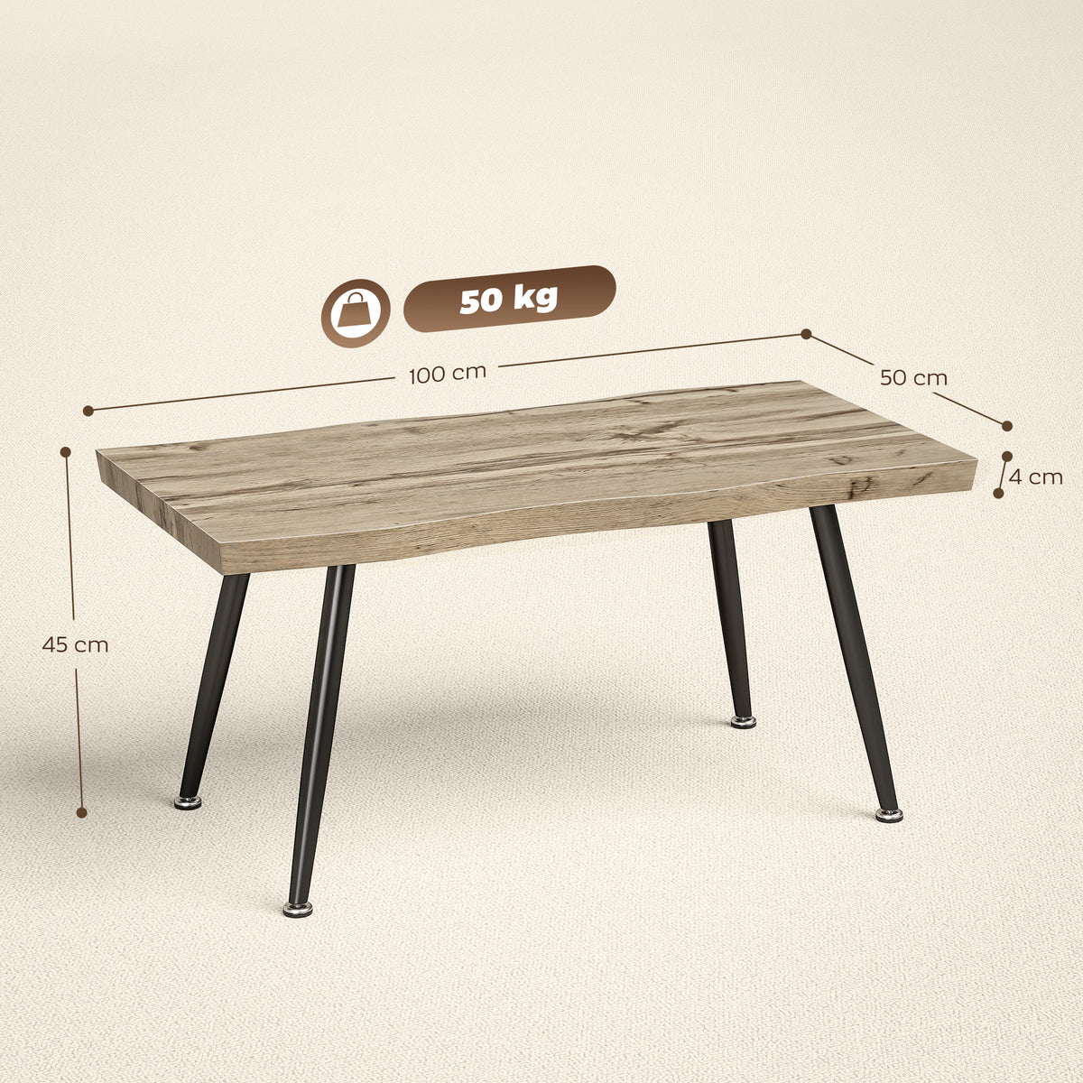 Table basse, table d'appoint moderne avec pieds en acier et plateau épais de 4 cm, 100 x 50 x 45 cm, chêne et noir-2