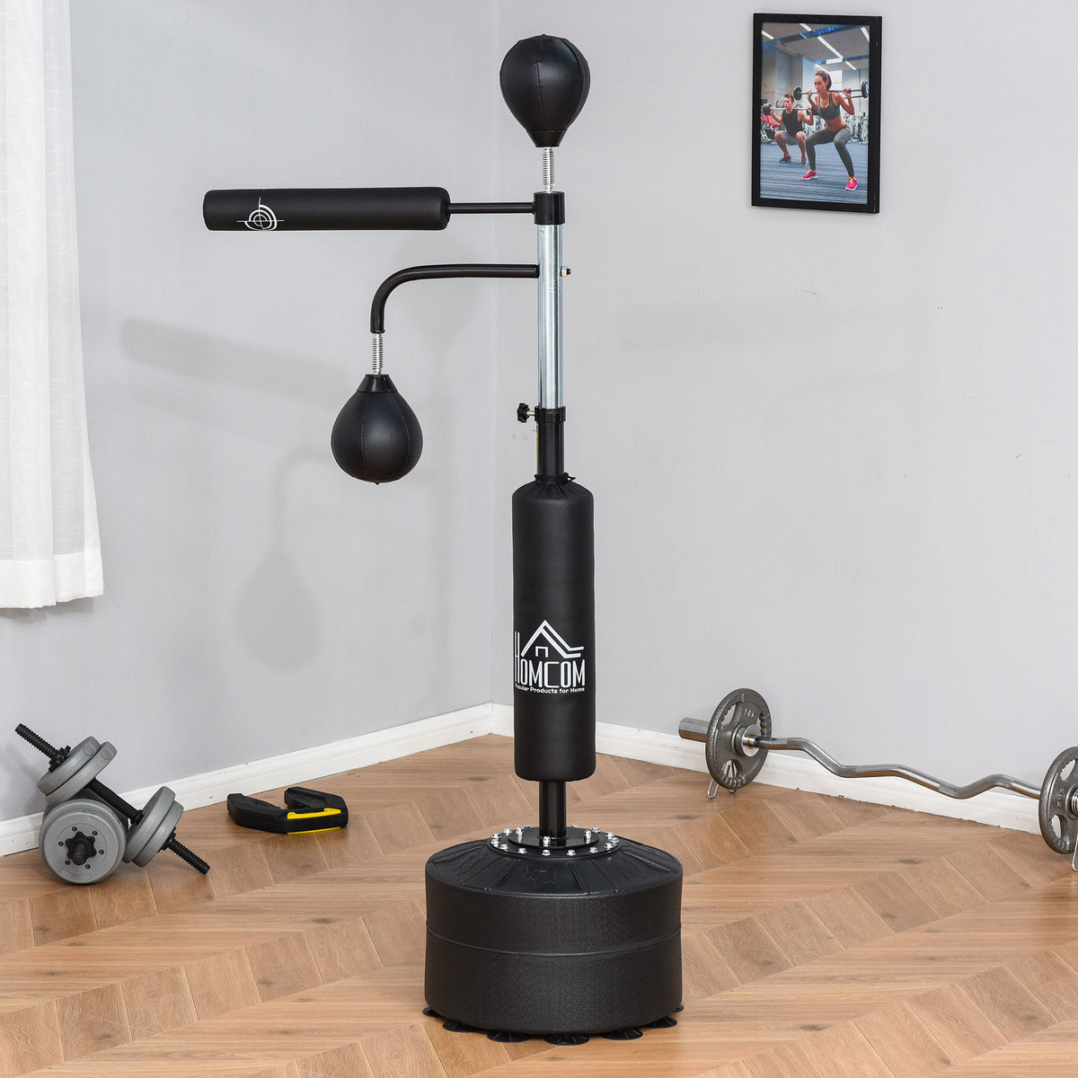 Sac de frappe sur pied 4 en 1, punching ball autonome 2 balles de vitesse barre rotative 360° hauteur réglable 160-230 cm, sac de boxe pour adultes, pour Boxe Muay Thaï Taekwondo, noir-1