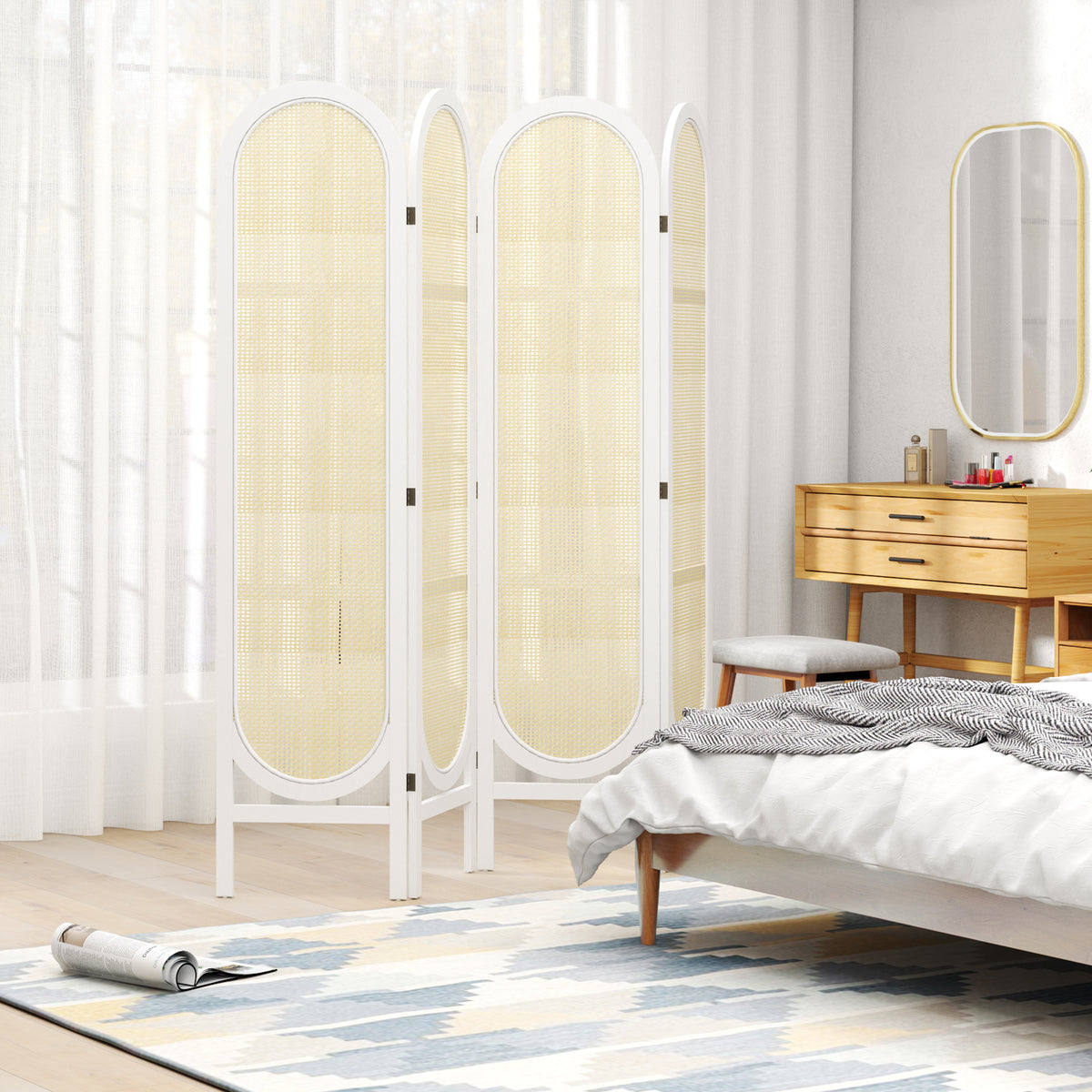 Paravent interieur en bois 4 panneaux 170 x 160 cm pliable et portable, motif tissé à la main, blanc-9
