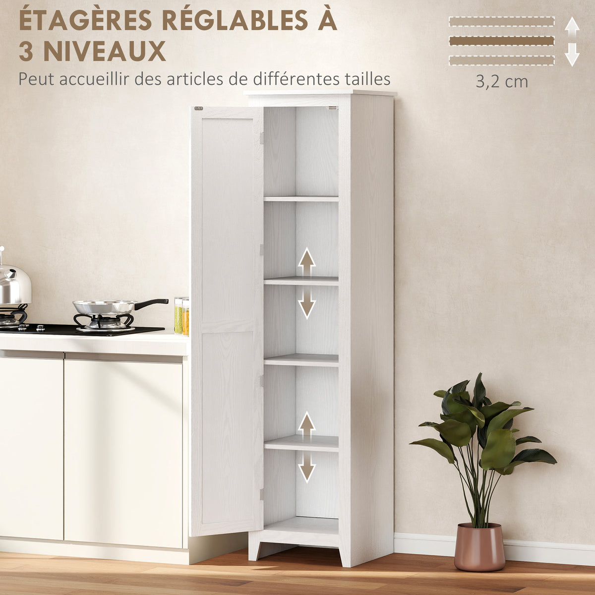 Armoire de Rangement buffet cuisine avec 2 étagères réglables- Hauteur 170 cm en Bois Blanc-4