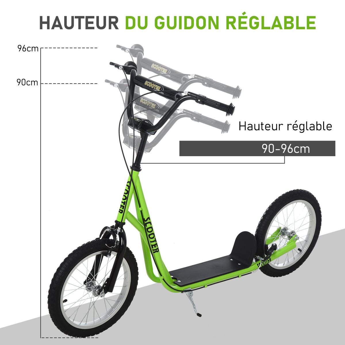Trottinette patinette pour Enfants à partir de 5 Ans Grands pneus Guidon réglable poignée Frein et béquille Acier Vert-3