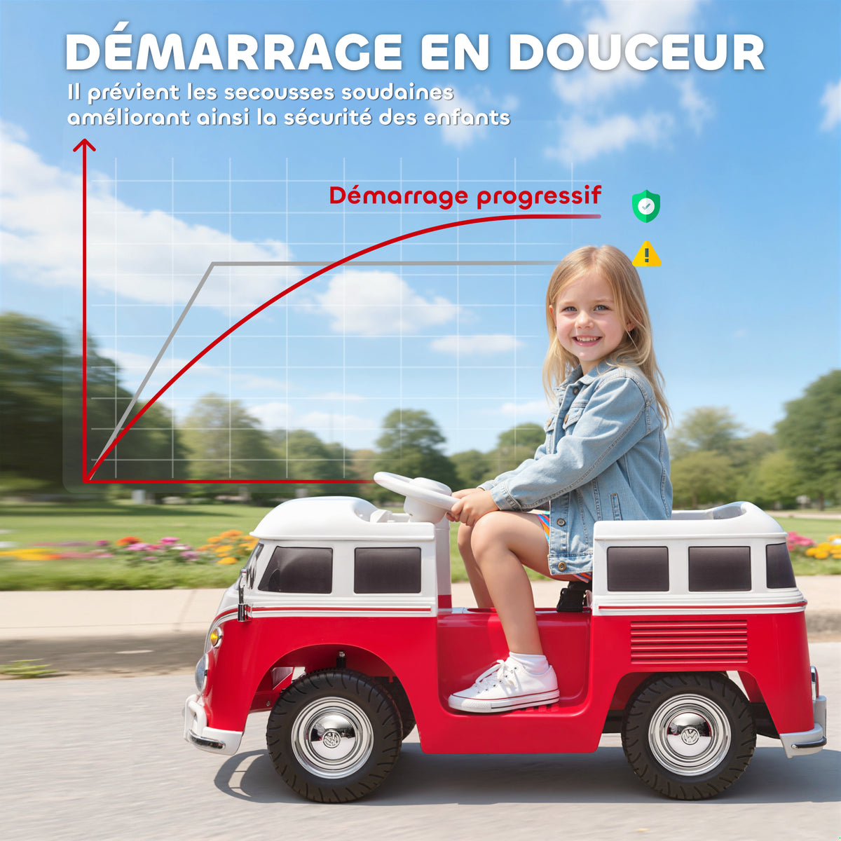 Voiture électrique enfant Volkswagen T1 sous licence officielle 12 V avec 2 moteurs démarrage doux 89x49x41,5cm rouge-5