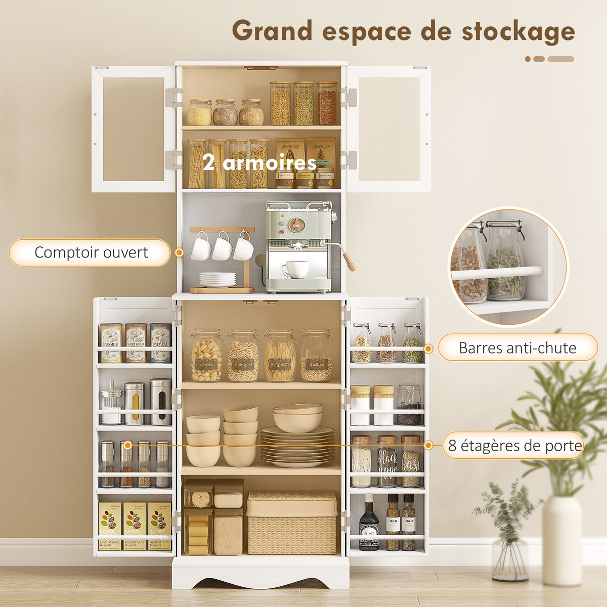 Buffet haut cuisine armoire de cuisine 4 portes 8 porte-épices plan de travail étagère réglable 60x39,5x179,6cm blanc-3