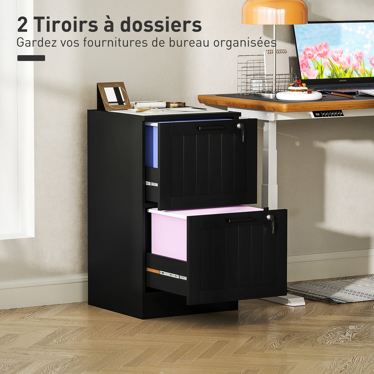 Caisson bureau, meuble rangement bois 2 tiroirs et serrure, barres de suspension réglables, 40 x 40 x 71 cm, noir-3