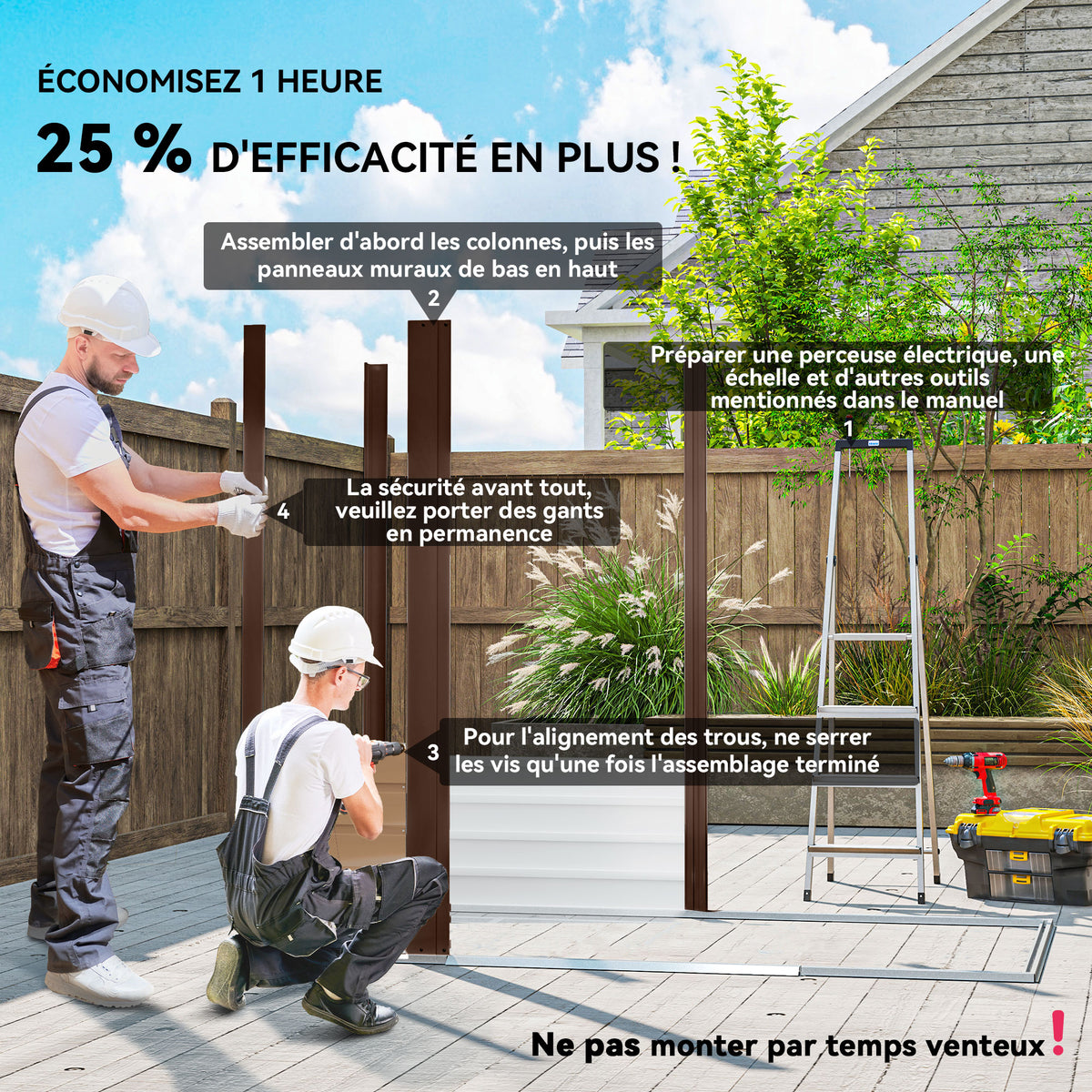 Abri de Jardin 2,27 m² gants inclus porte verrouillable ventilations acier galvanisé 190 x 131 x 188 cm chêne-3