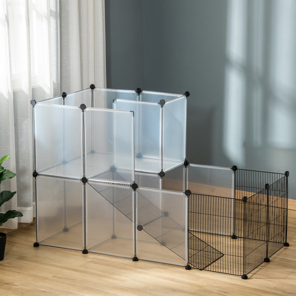 Enclos lapin interieur, 2 niveaux, parc modulable pour petits animaux, 27pcs, 140 x 70 x 90 cm, noir-9
