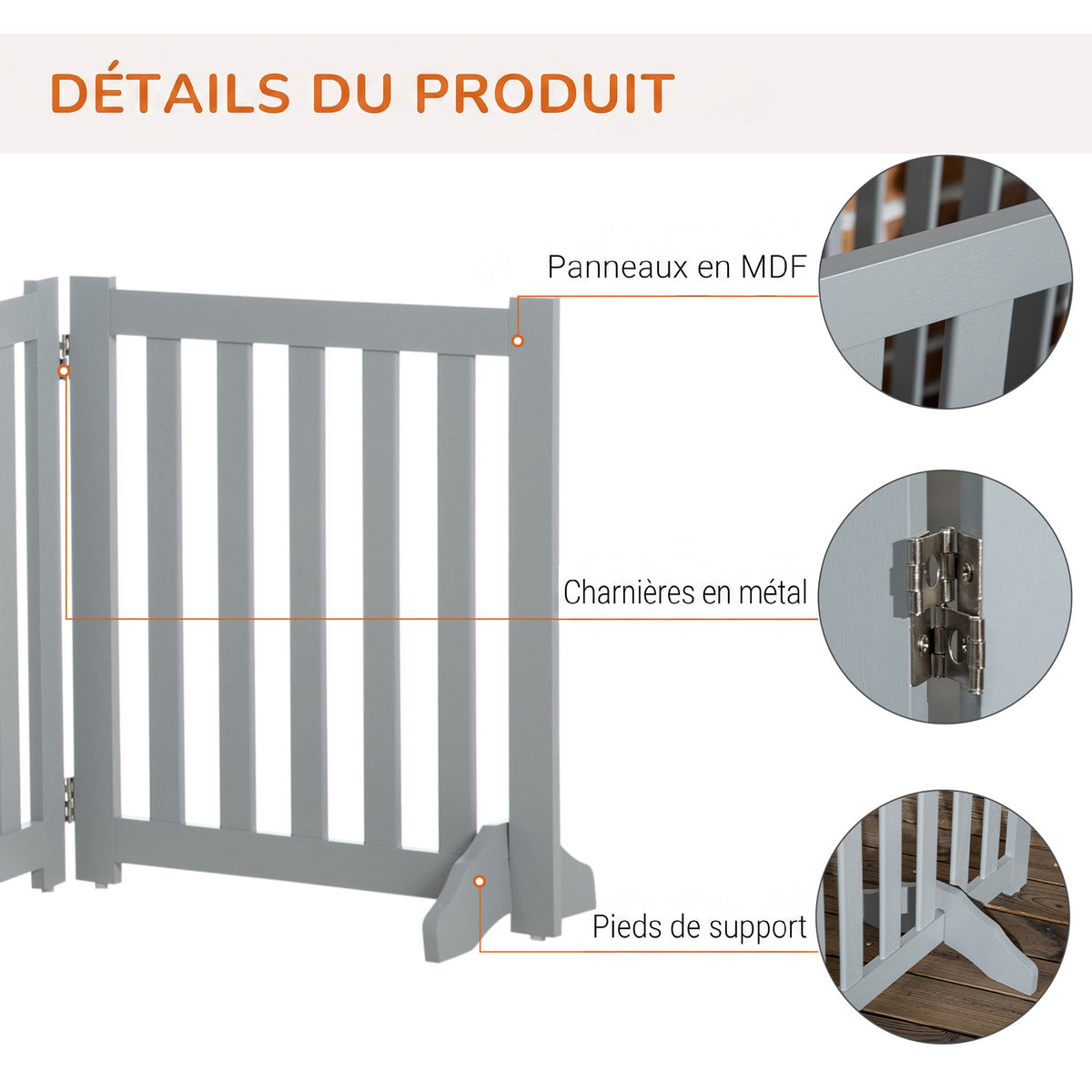 Barrière de Sécurité Chien Pliable Double Face en Bois, 4 Panneaux avec Porte, Pieds de Support, 205 x 60 cm, Gris-6