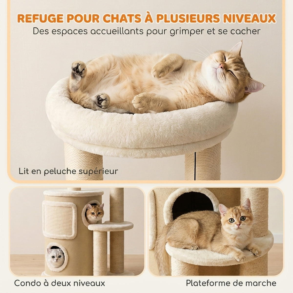 Arbre à Chat Multi-Niveaux avec Tonneau, Double Niche, Lit, Plateforme, Poteaux à Griffer en Sisal, 55x39x90cm, Beige-3
