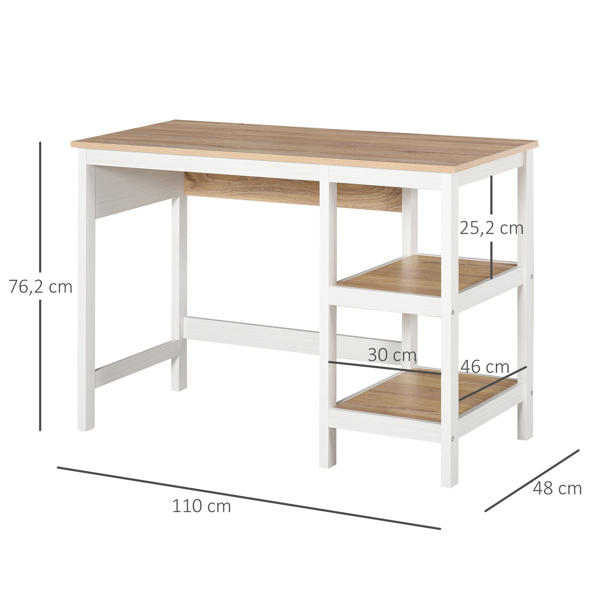 Bureau Informatique multimédia dim. 110L x 48l x 76H cm 2 étagères latérales MDF E1 chêne Clair Blanc-2