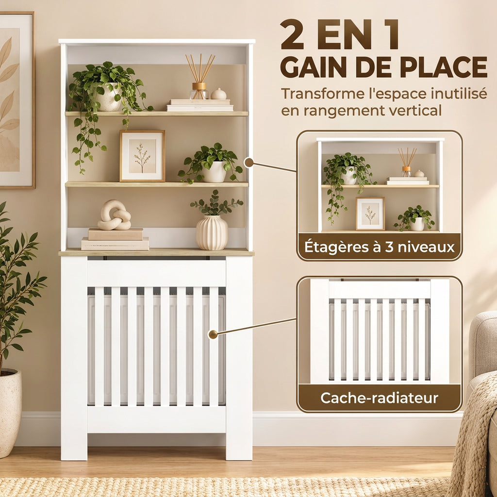 Couvercle de Radiateur en Bois, Cache Radiateur Moderne à Lattes avec Étagères à 3 Niveaux, 78 x 19 x 165 cm, Blanc-3