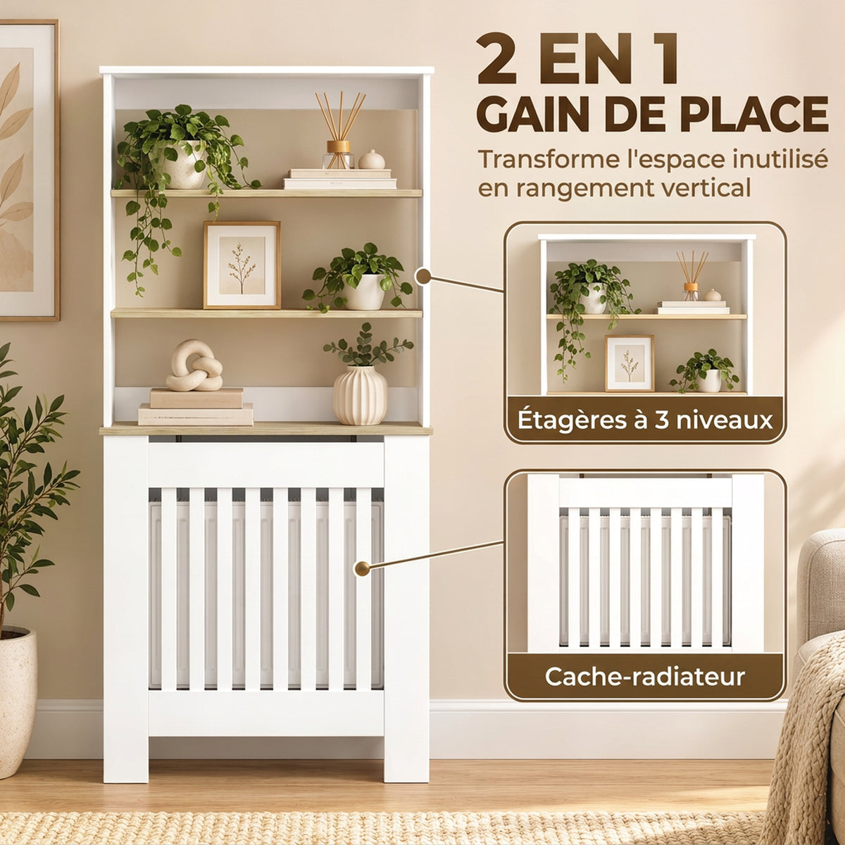 Couvercle de Radiateur en Bois, Cache Radiateur Moderne à Lattes avec Étagères à 3 Niveaux, 78 x 19 x 165 cm, Blanc-3