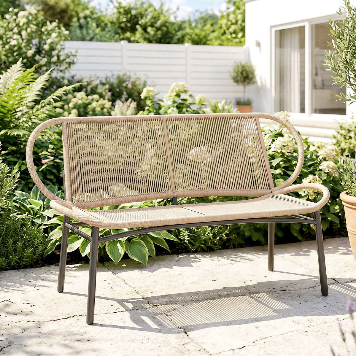 Banc de jardin 2 places, banc d'extérieur en résine tressée avec cadre en métal, résistant aux intempéries, naturel-1