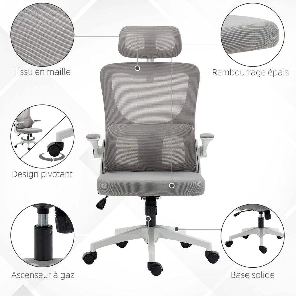 Fauteuil de bureau pivotant 360° avec appui-tête réglable et support lombaire - hauteur d'assise réglable gris-7
