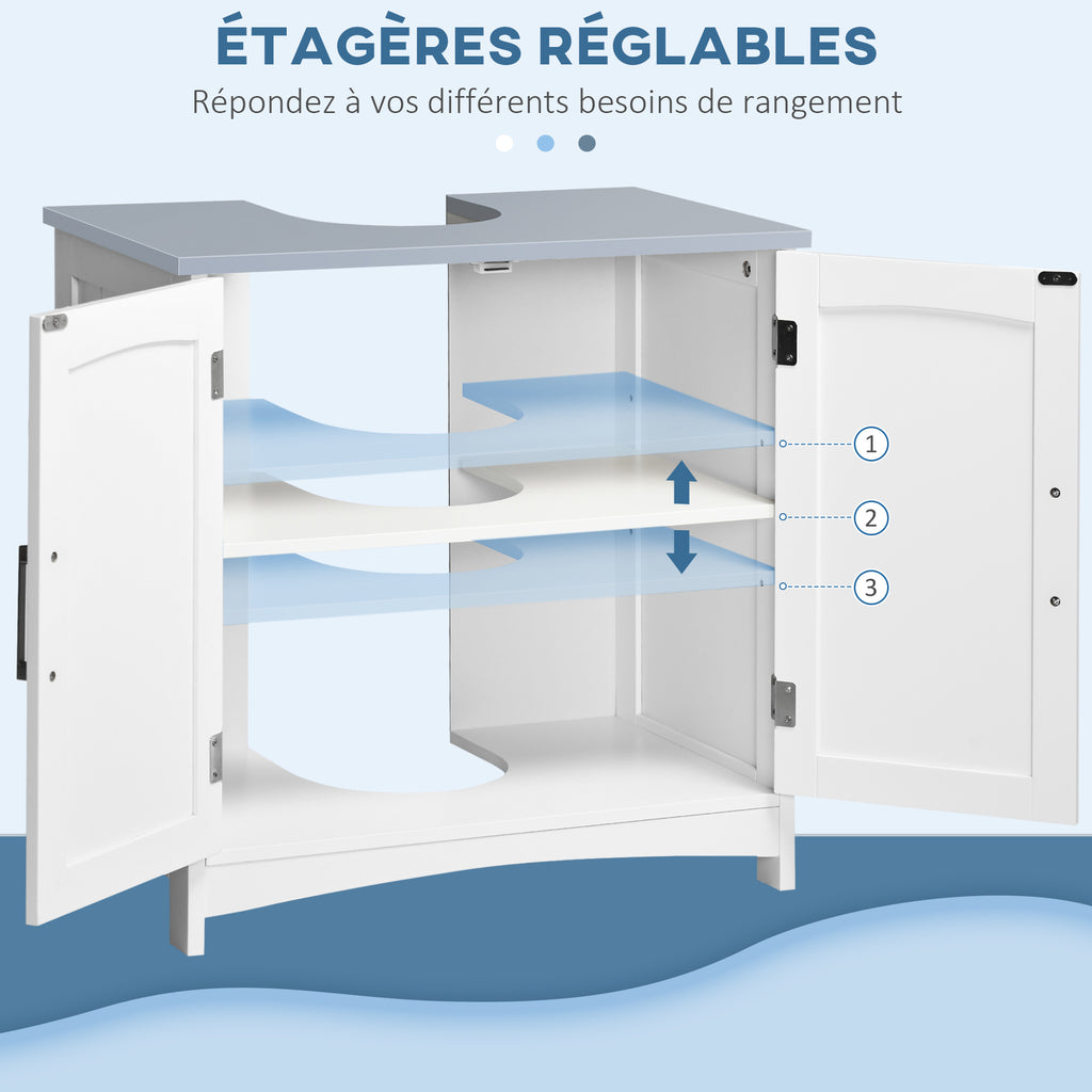 Meuble salle de bain sous lavabo à double portes avec étagères réglables, blanc-4
