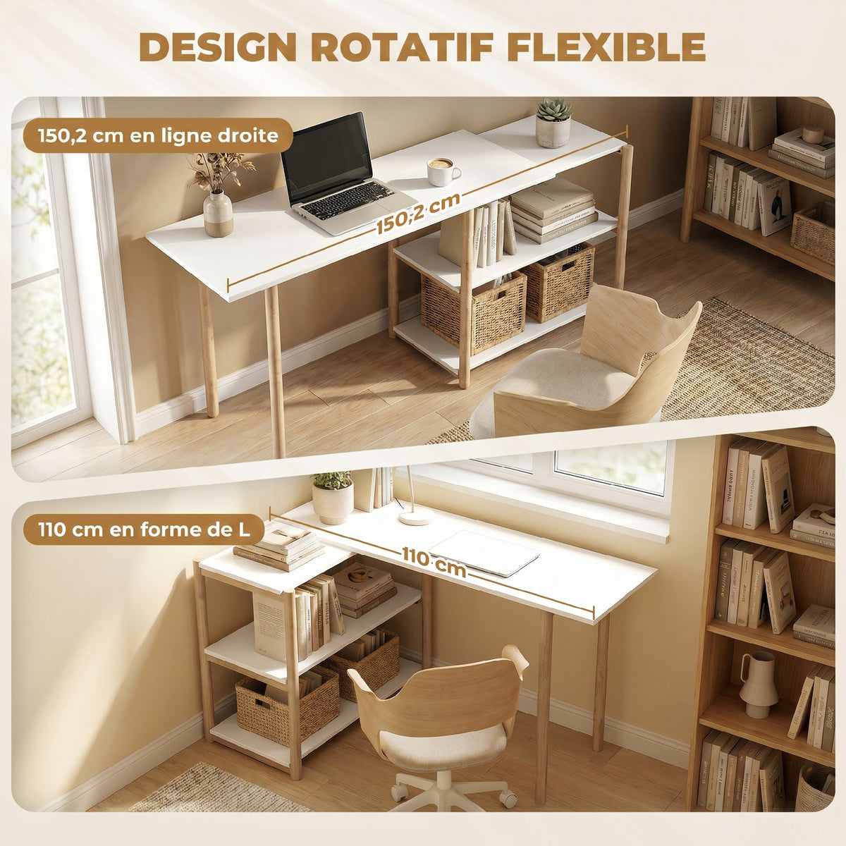 Bureau pliable, bureau d'ordinateur moderne avec étagères de rangement et cadre en bambou, blanc et chêne-3