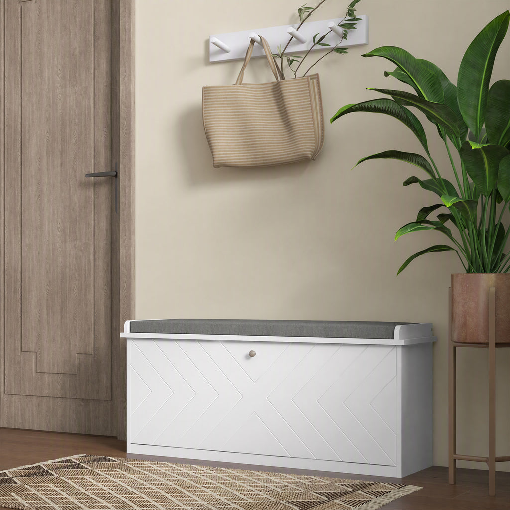 Banc à chaussures avec tiroir rabattable, coussin d'assise et étagère réglable, 100 x 26 x 48 cm, blanc-1